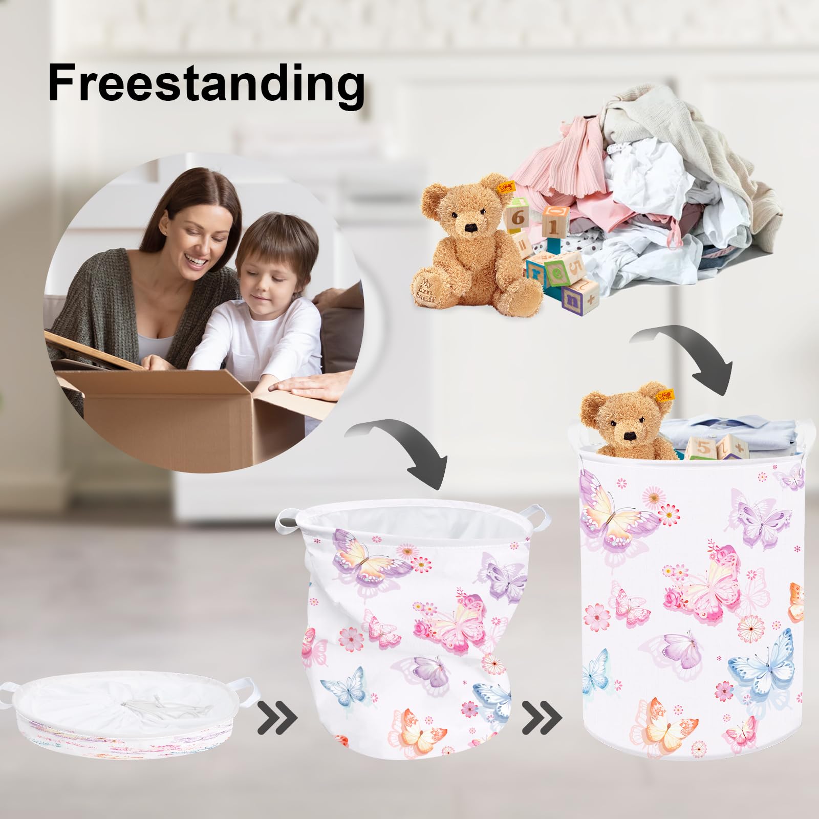 Clastyle Large Purple Pink Butterfly Laundry Basket Waterproof Flower Clothes Nursery Hamper for Baby Girl Collapsible Toy Stora