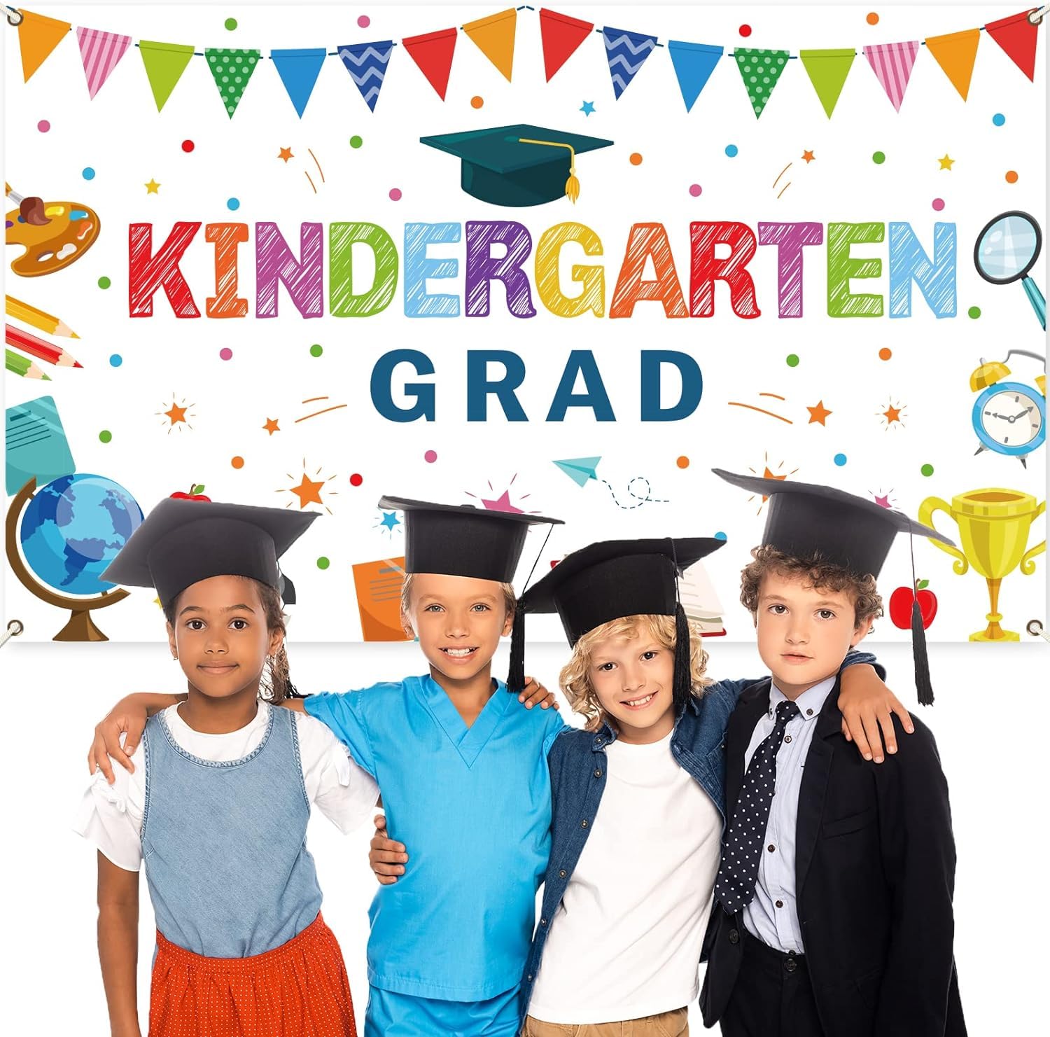 Kindergarten Graduation Party Decorations Backdrop Preschool Graduate Banner for Kids Pre-K Congrats Grad Background Class of 2023 Ceremony Supplies Grad School Prom Party Favors (White)