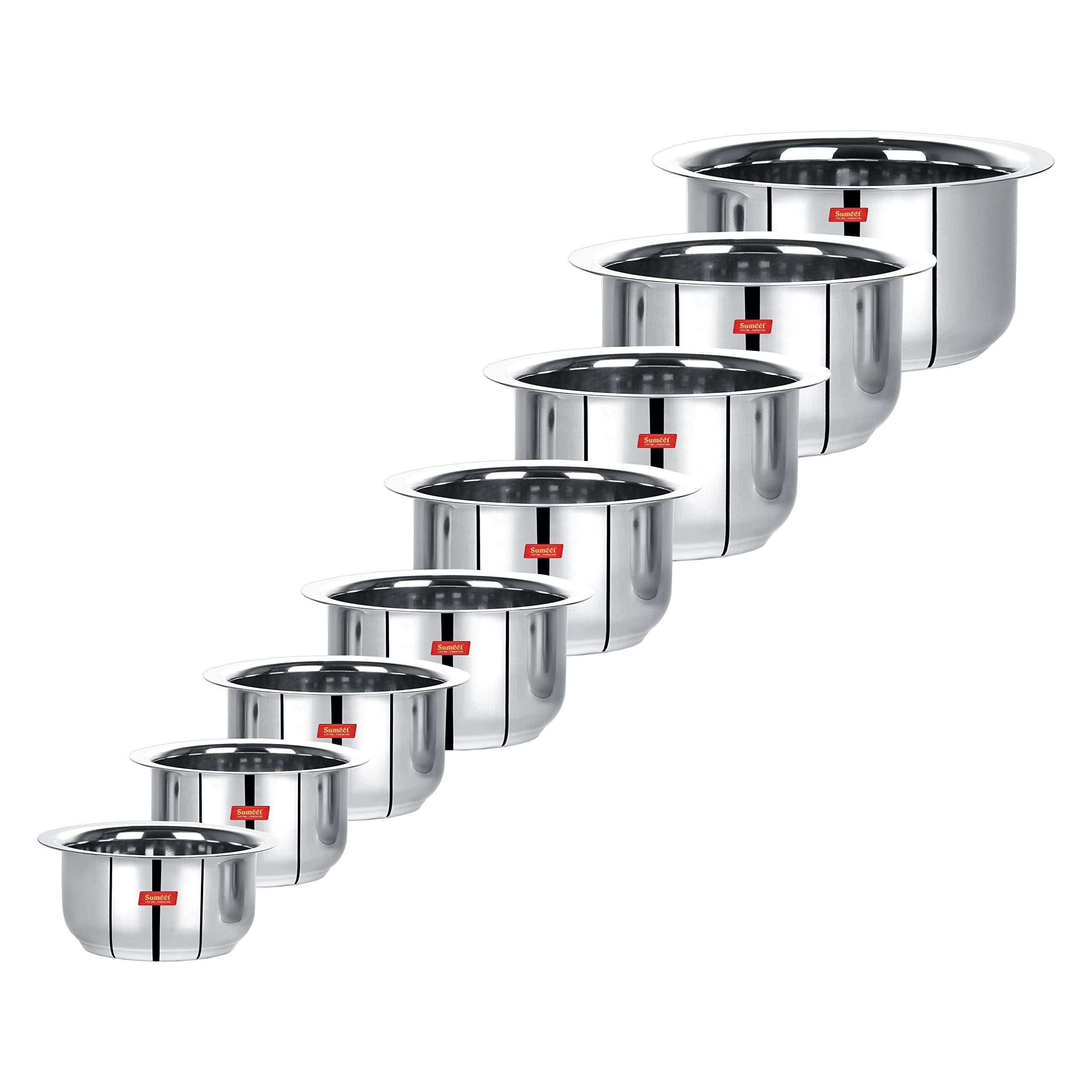 Sumeet Stainless Steel Tope/Patila/Cookware, 370Ml, 550Ml, 800Ml, 1100Ml,1400Ml, 1800Ml, 2300Ml, 3000Ml, 8 Piece (Steel), Silver