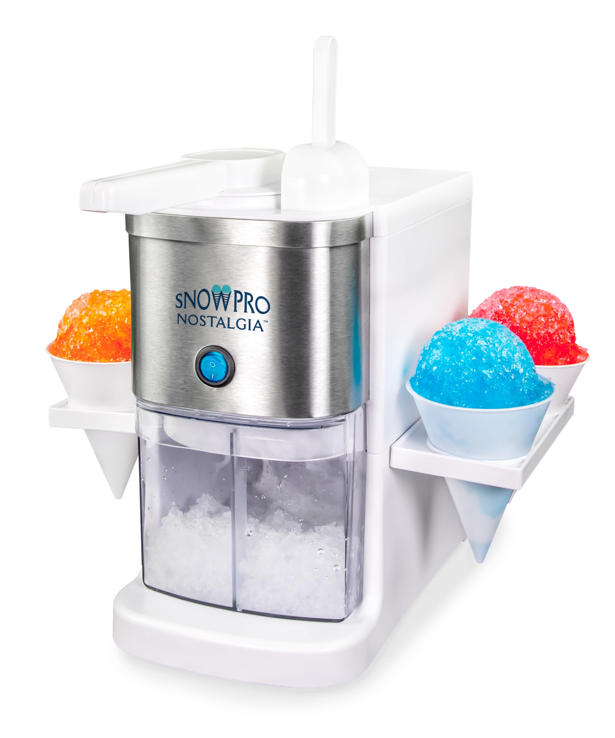 Nostalgia Snowpro Electric Shaved Ice & Snow Cone Maker 64-Ounce Ice Shaving Capacity, 4 Reusable Cones, Side Shelves, And Scoop