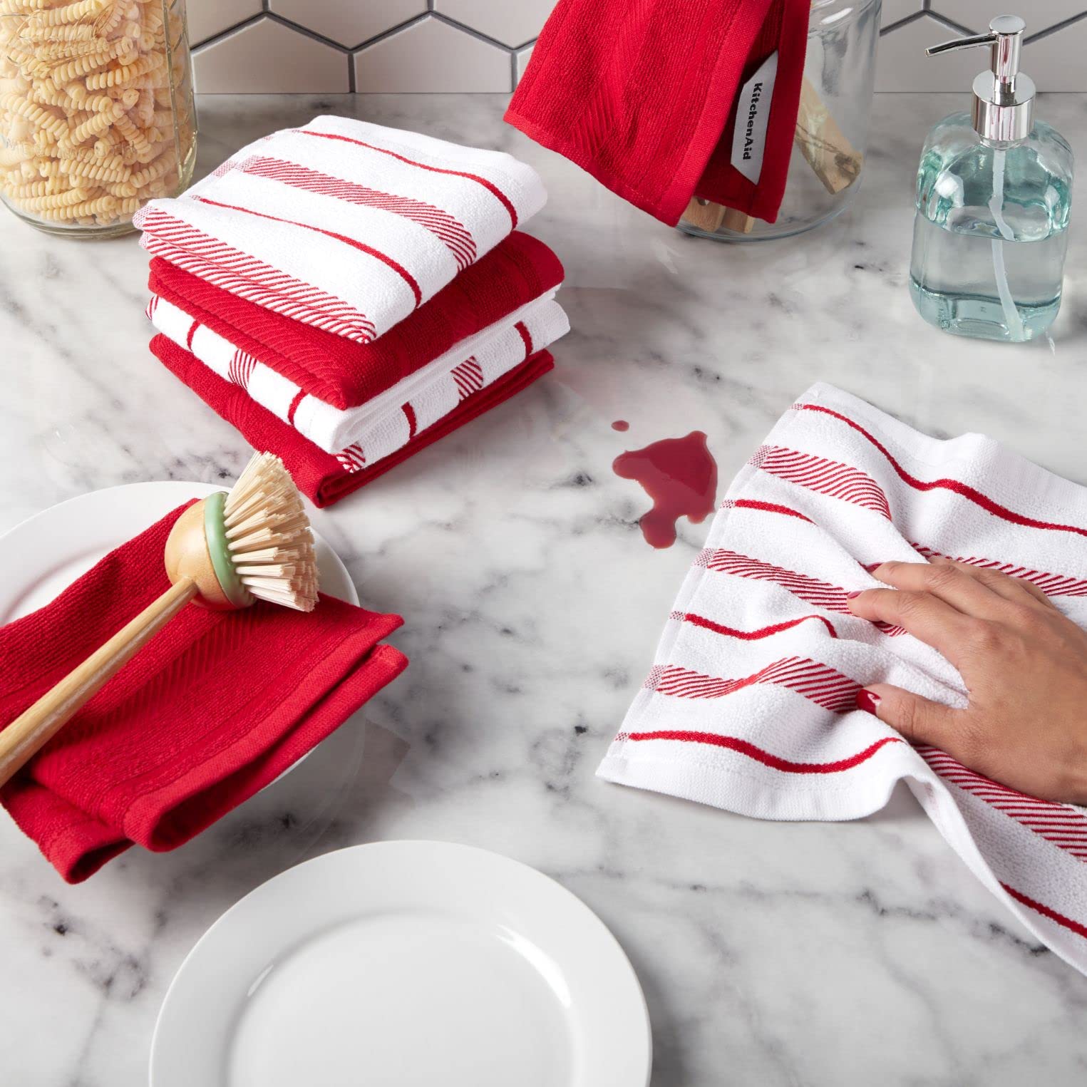 Kitchenaid Albany Dishcloth 8 Pack Set, Passion Red/White, 12''X12''