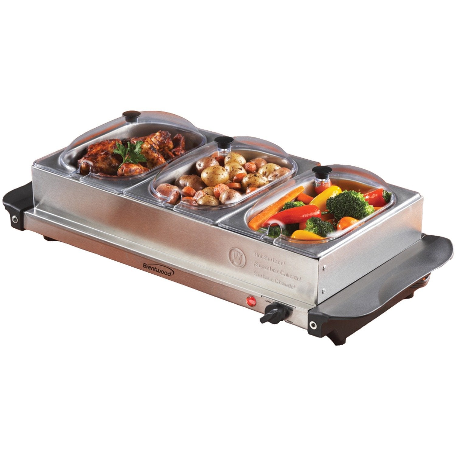 Brentwood Buffet Server and Warming Tray 3 Pan, 4.5 Quart, Brushed Stainless Steel