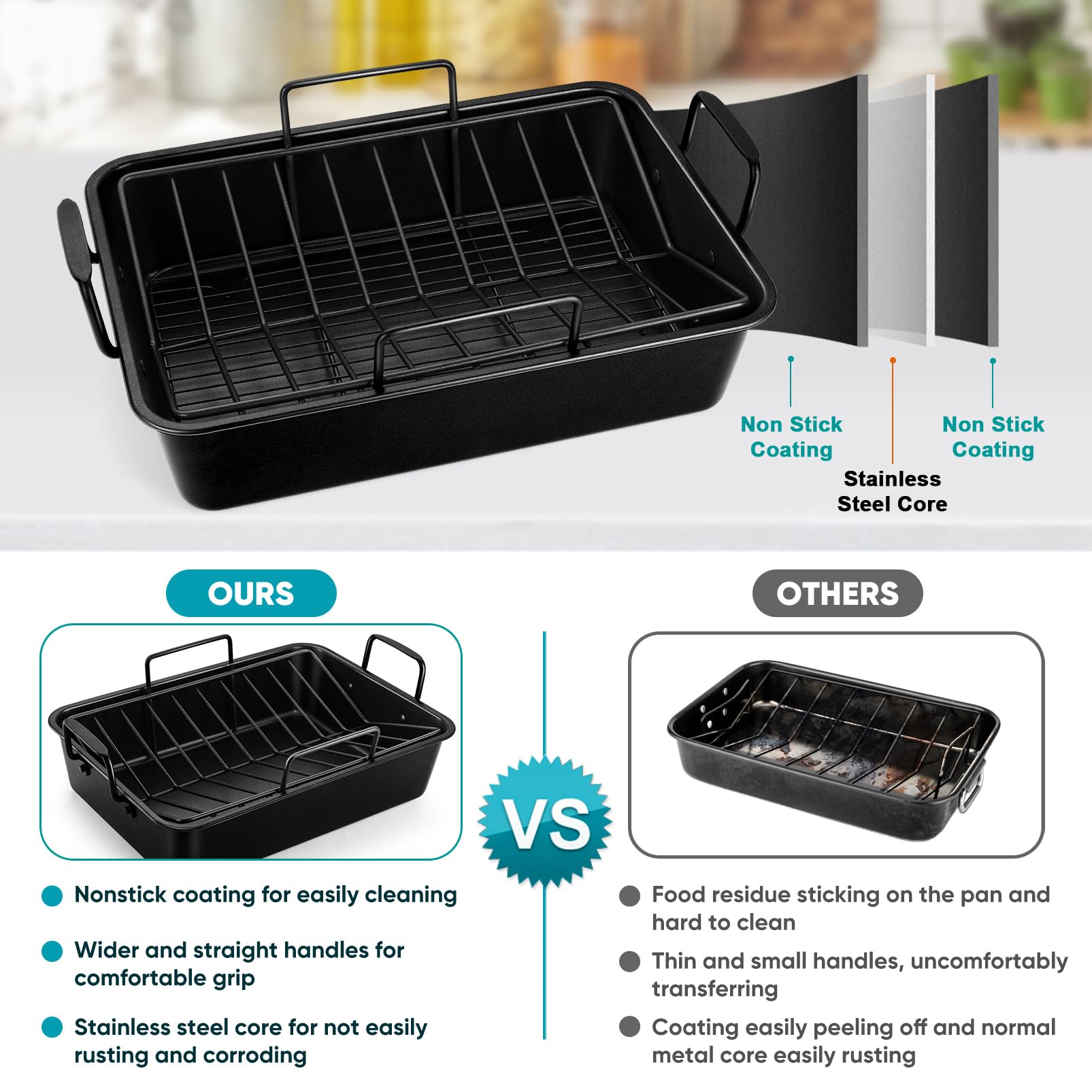 Teamfar Roasting Pan, 15 Nonstick Deep Lasagna Brownie Turkey Pan With V-Shaped Rack & Cooling Rack, With Stainless Steel Core &