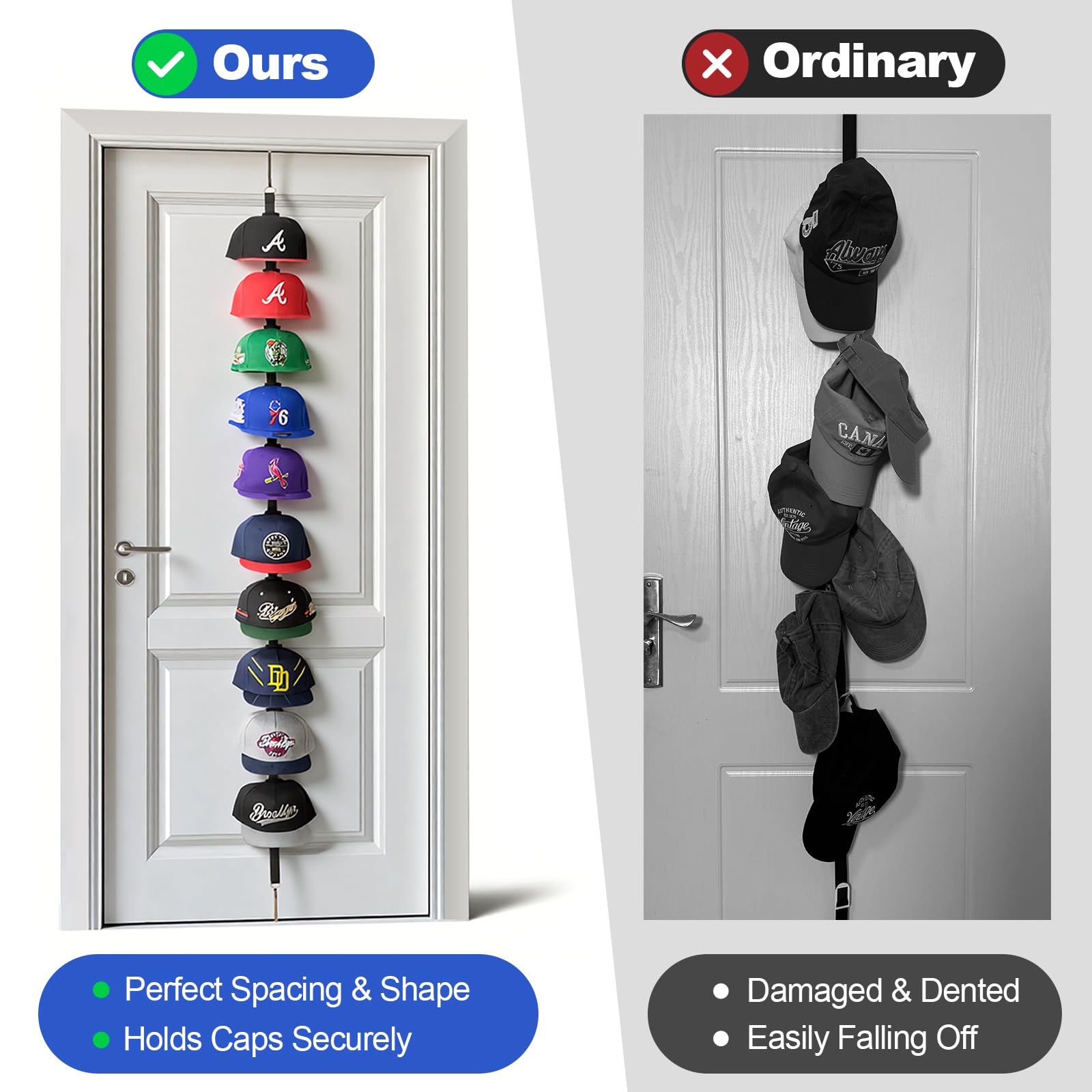 Aoodaily Hat Rack for Door - Two-Way Hanging Caps with Display Hooks and Hanger, Hat Organizer for Baseball Caps, Over the Door