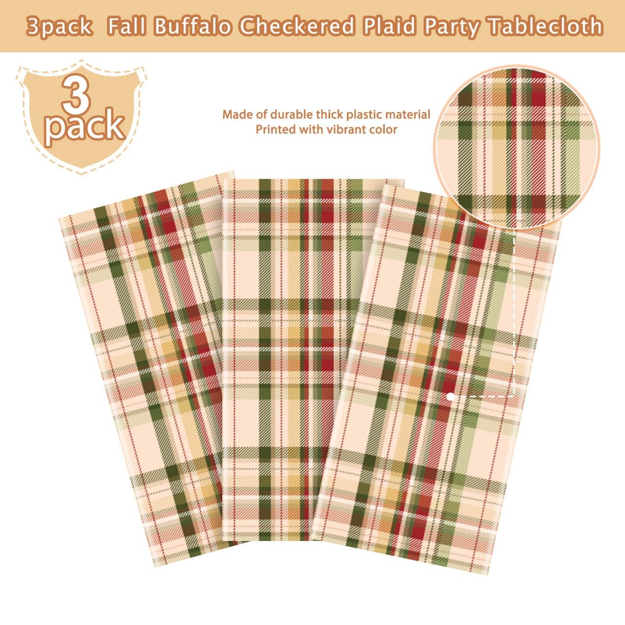 3Pack Fall Buffalo Checkered Plaid Table Covers, Plastic Give Thanks Buffalo Checkered Plaid Tablecloth Backdrop for Autumn Than