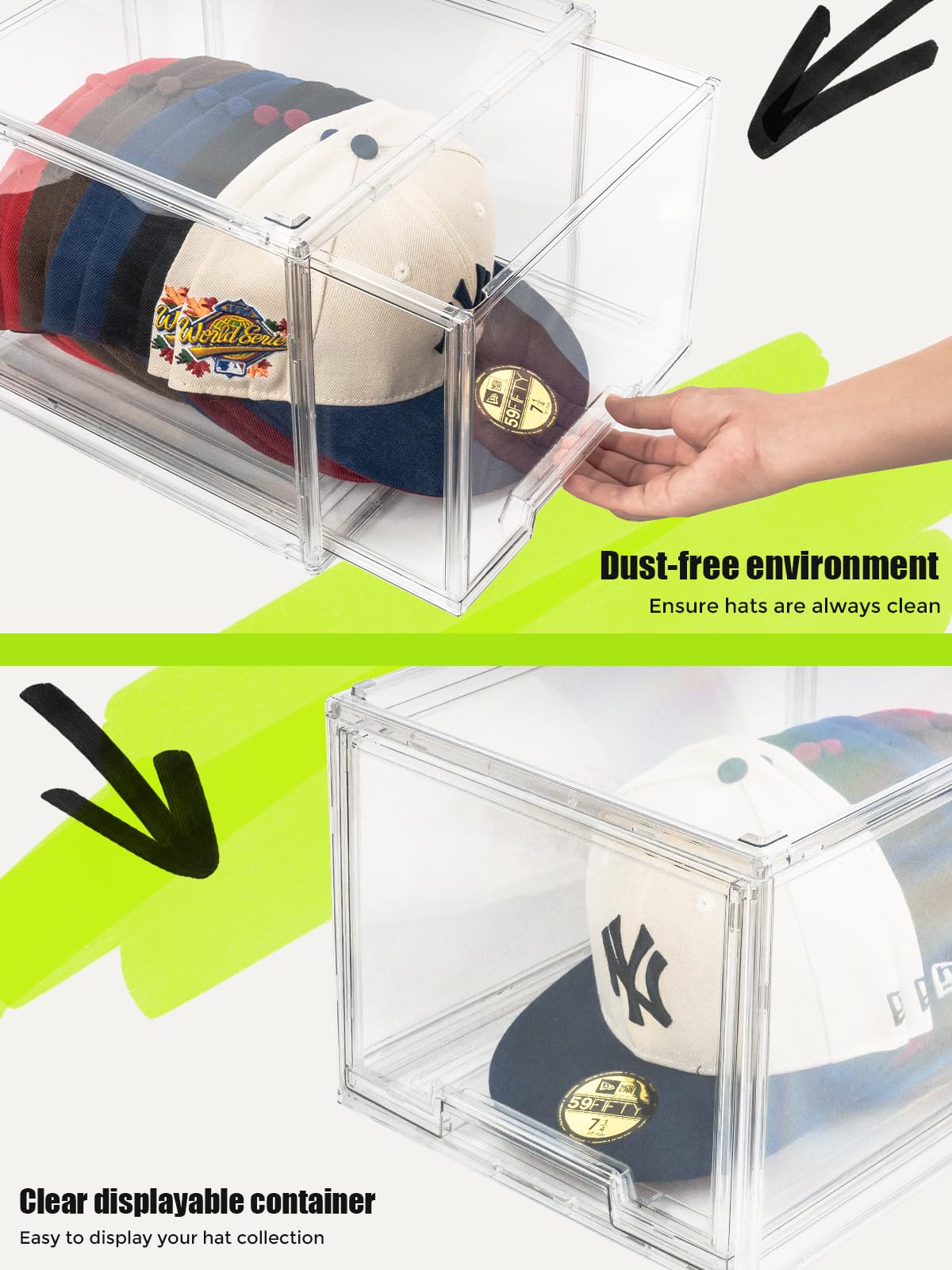 Scavata Hat Organizers, Stackable Clear Baseball Caps Holder Box Containers With Drawers For Hats Snapback Cap Storage, Hat Rack