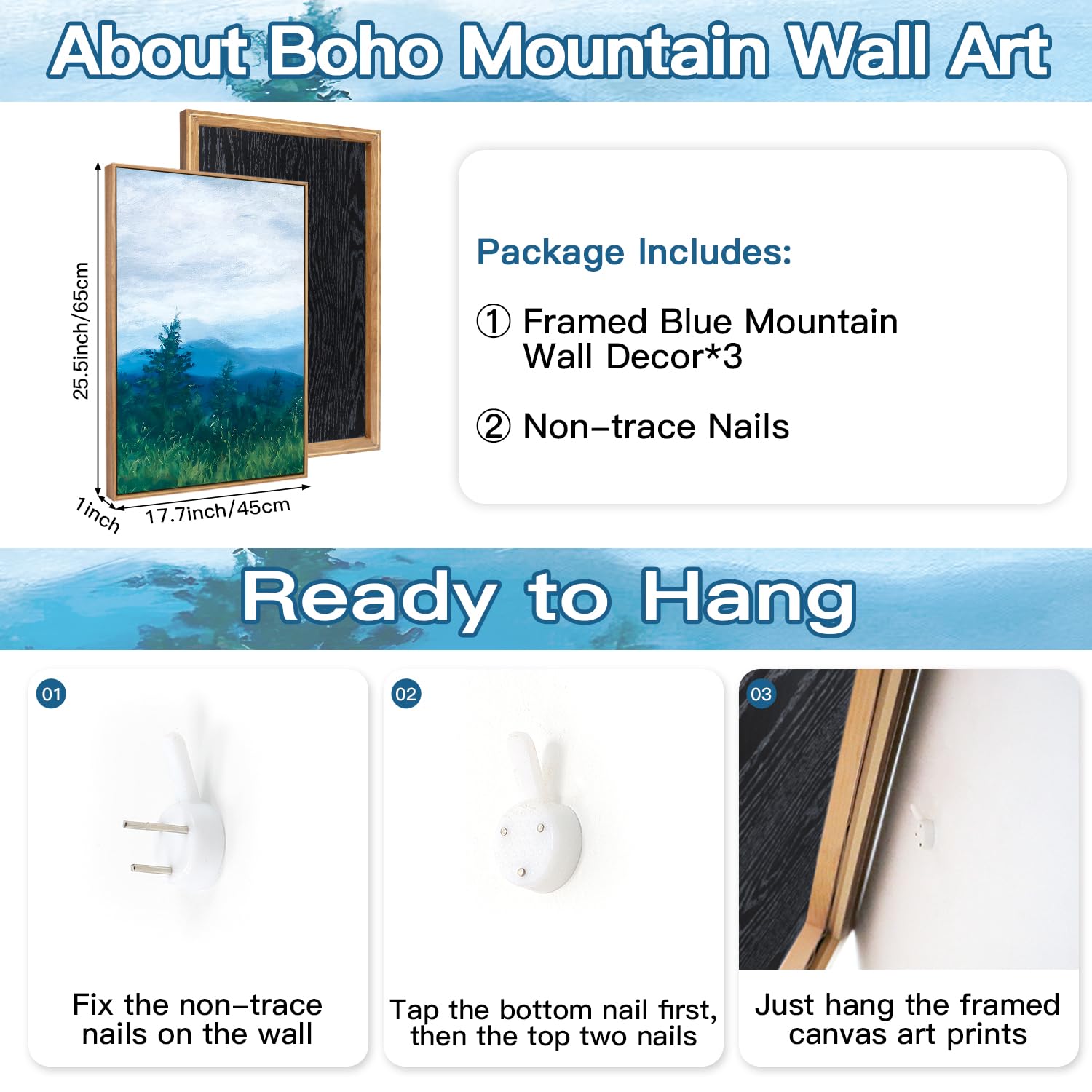 Chditb Boho Blue Mountain Framed Wall Art Paintings(16''X24''), 3 Panels Blue White Sky Ridge Virginia Landscape Watercolor Canv