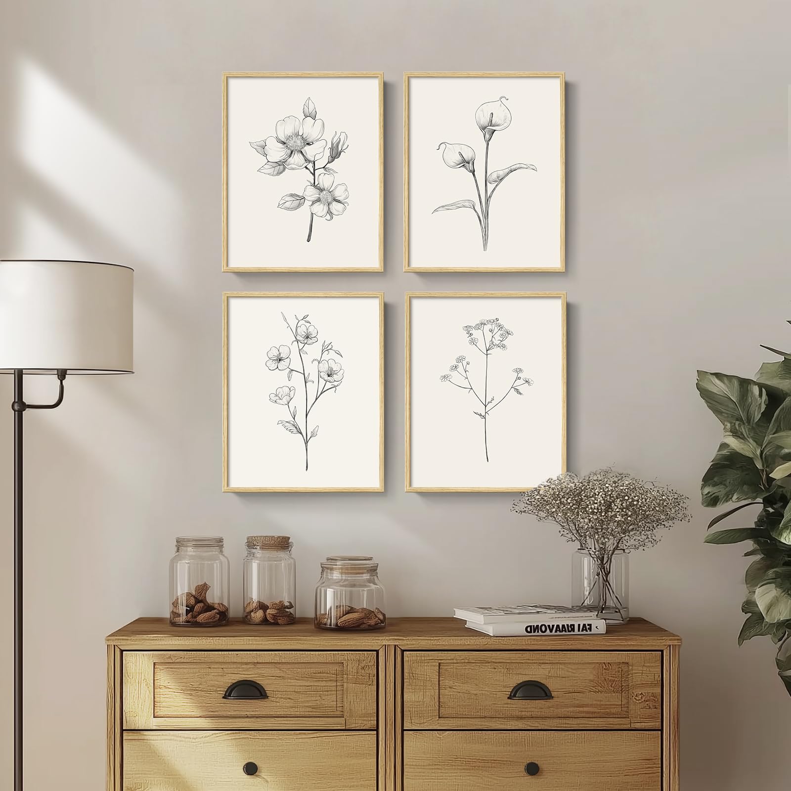Black And White Floral Wall Art With Neutral Framed, Set Of 4 Rustic Canvas Paintings Prints Artwork For Walls, Minimalist Flowe