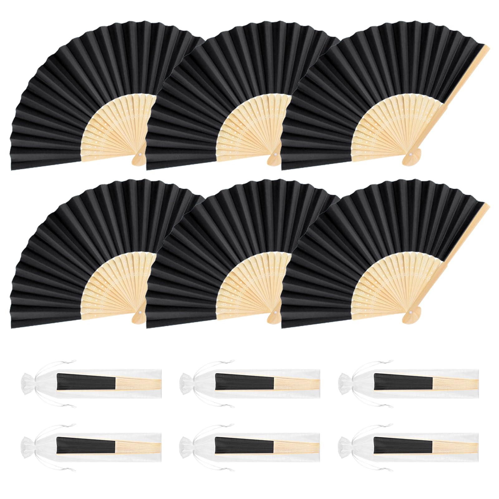 BOUBONI 48 Pieces Black Hand Held Bamboo Folding Fans Paper Fans Handheld for Women Foldable Girls Wedding Decoration Church Hom