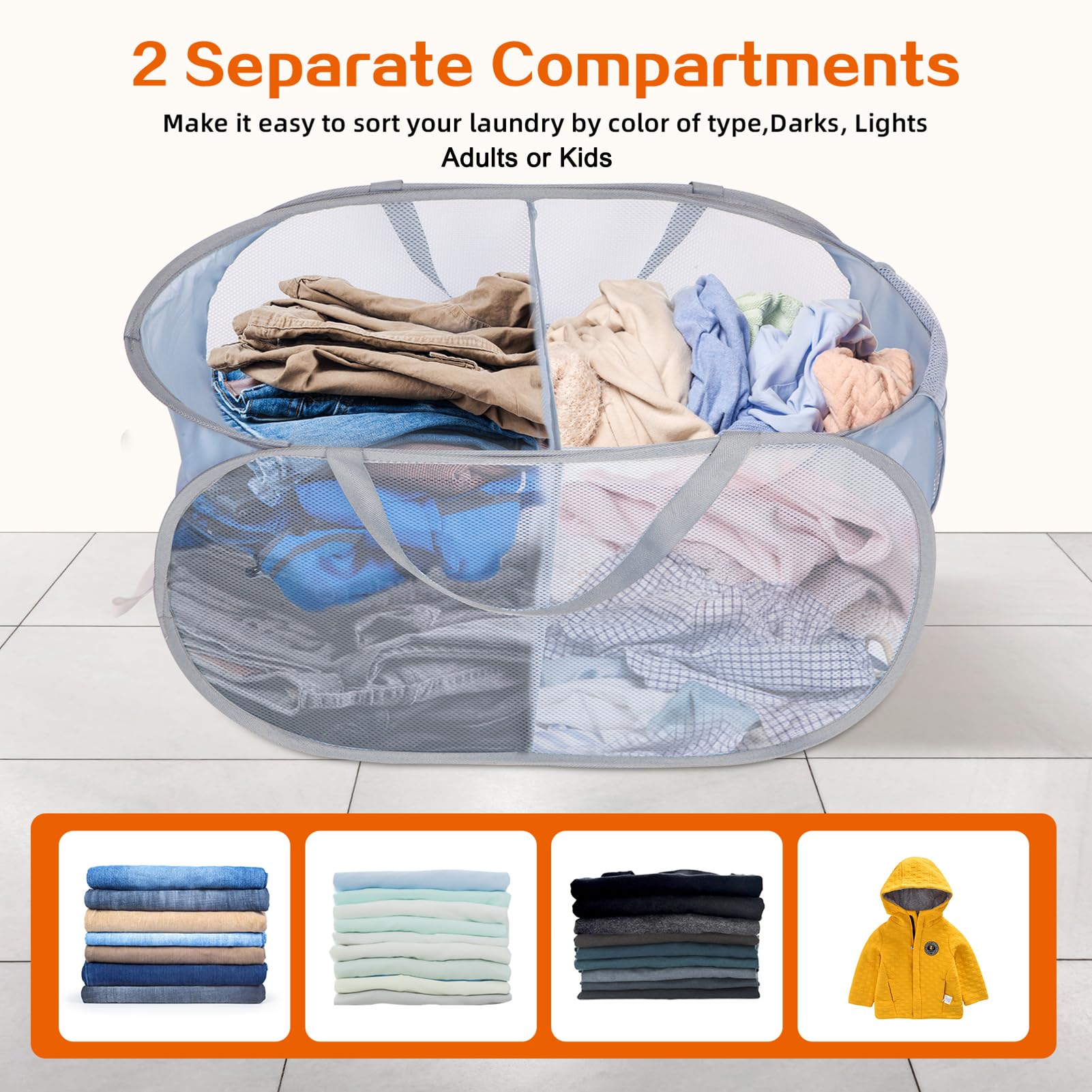 Bemkoo Sturdy Collapsible Laundry Basket, 2 Compartments, Durable Polyester, Gray, Foldable Pop Up Hamper for Home, Dorm, Travel