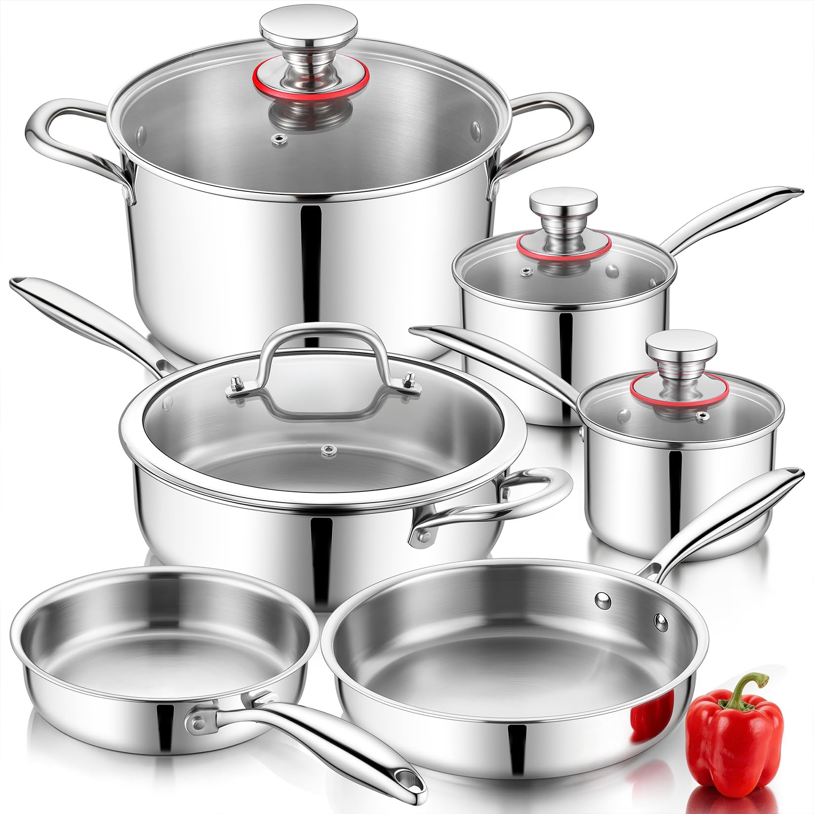 P&P CHEF Stainless Steel Cookware Set of 6, 10Pieces Pots and Pans Sets