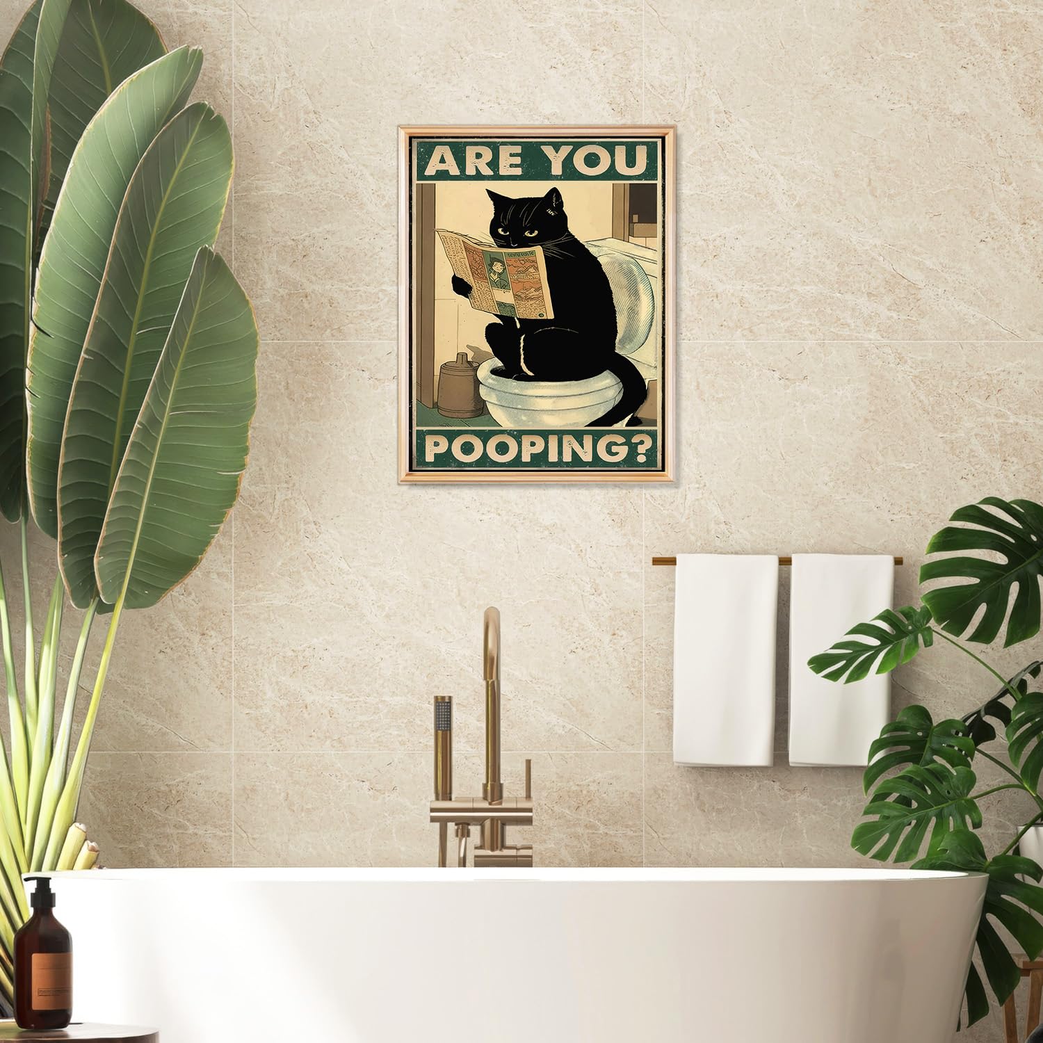 Dazzlewall Funny Black Cat Bathroom Wall Art Are You Pooping Cat Sign Vintage Cat Sitting On The Toilet Reading Newspaper Poster