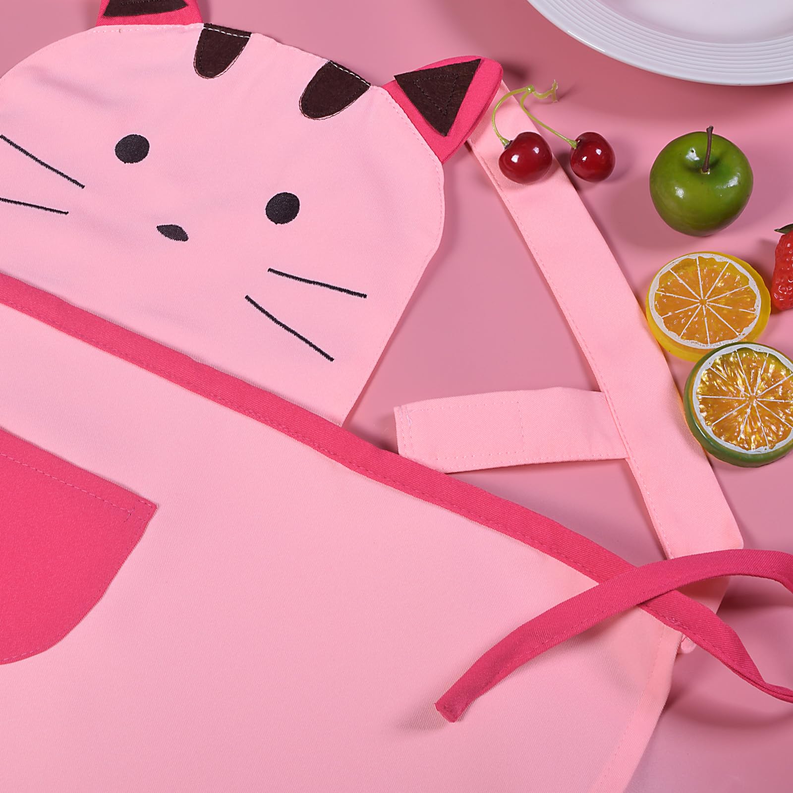 Love Potato Cute Girls Toddler Cartoom Cat Embroidered Cotton Kitchen Cooking Baking Apron For Kids 2-4 Years Old (Pink)