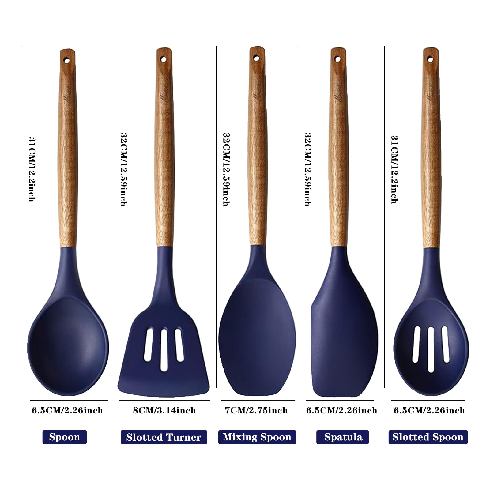Miusco Non-Stick Silicone Kitchen Utensils Set With Natural Acacia Hard Wood Handle, 5 Piece, Midnight Blue, Bpa Free, Baking &