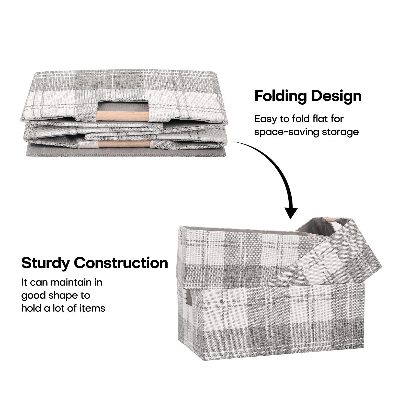 LaMorée Fabric Storage Bin Box - Small Light Gray Plaid Cotton Linen Cube with Wooden Handles - Open Home Organizer
