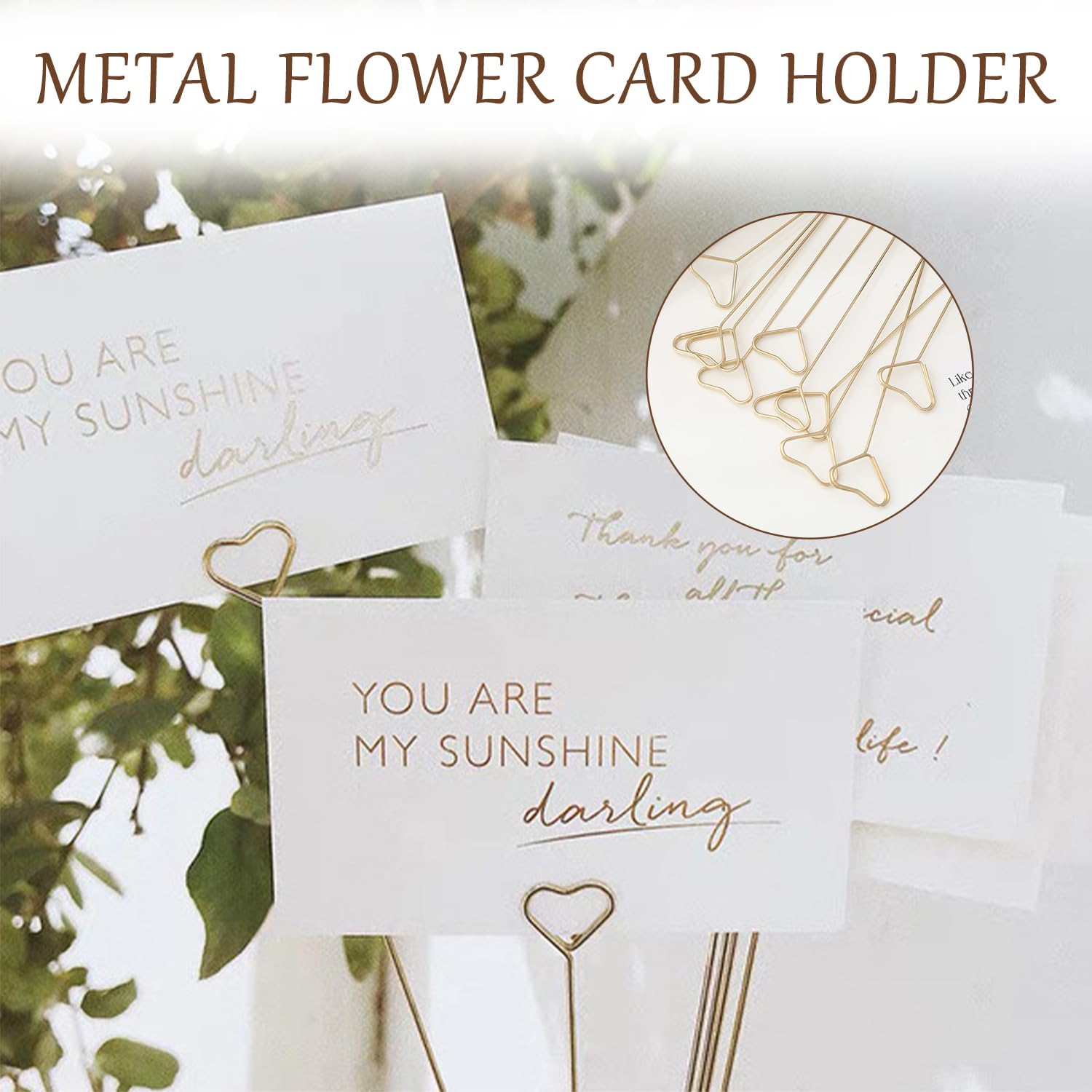 Syeycw 50 Pcs Florist Card Holder Sticks, Flower Card Holder Stick, Heart Shape Flower Card Holders, Gold Metal Card Picture Hol
