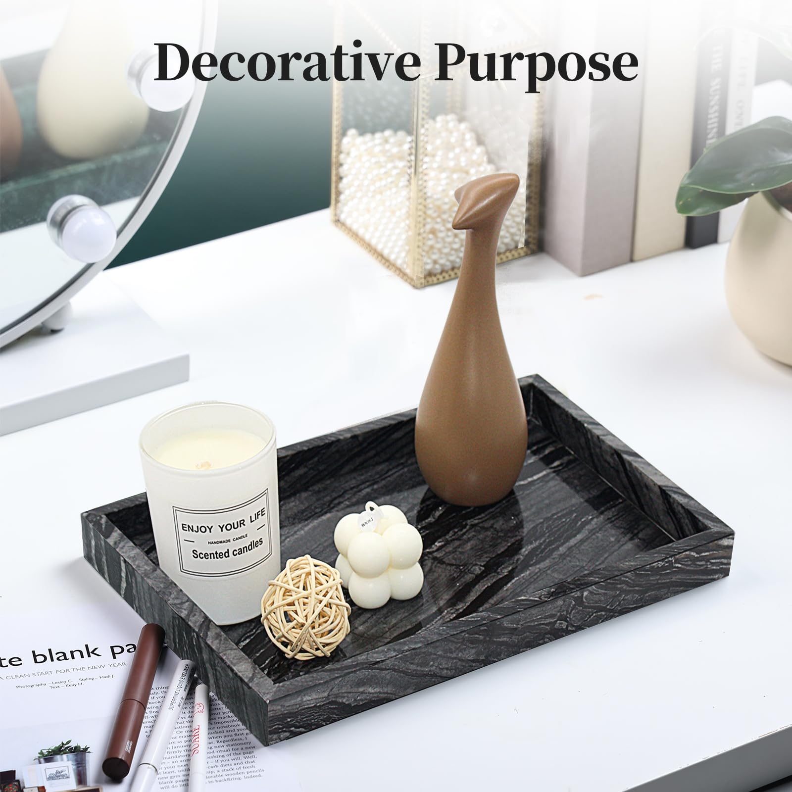 Ymxyjm 100% Natural Marble Tray For Bathroom, Genuine Ancient Wood Grain Marble Vanity Tray, Luxury Stone Trays For Dresser, Hom