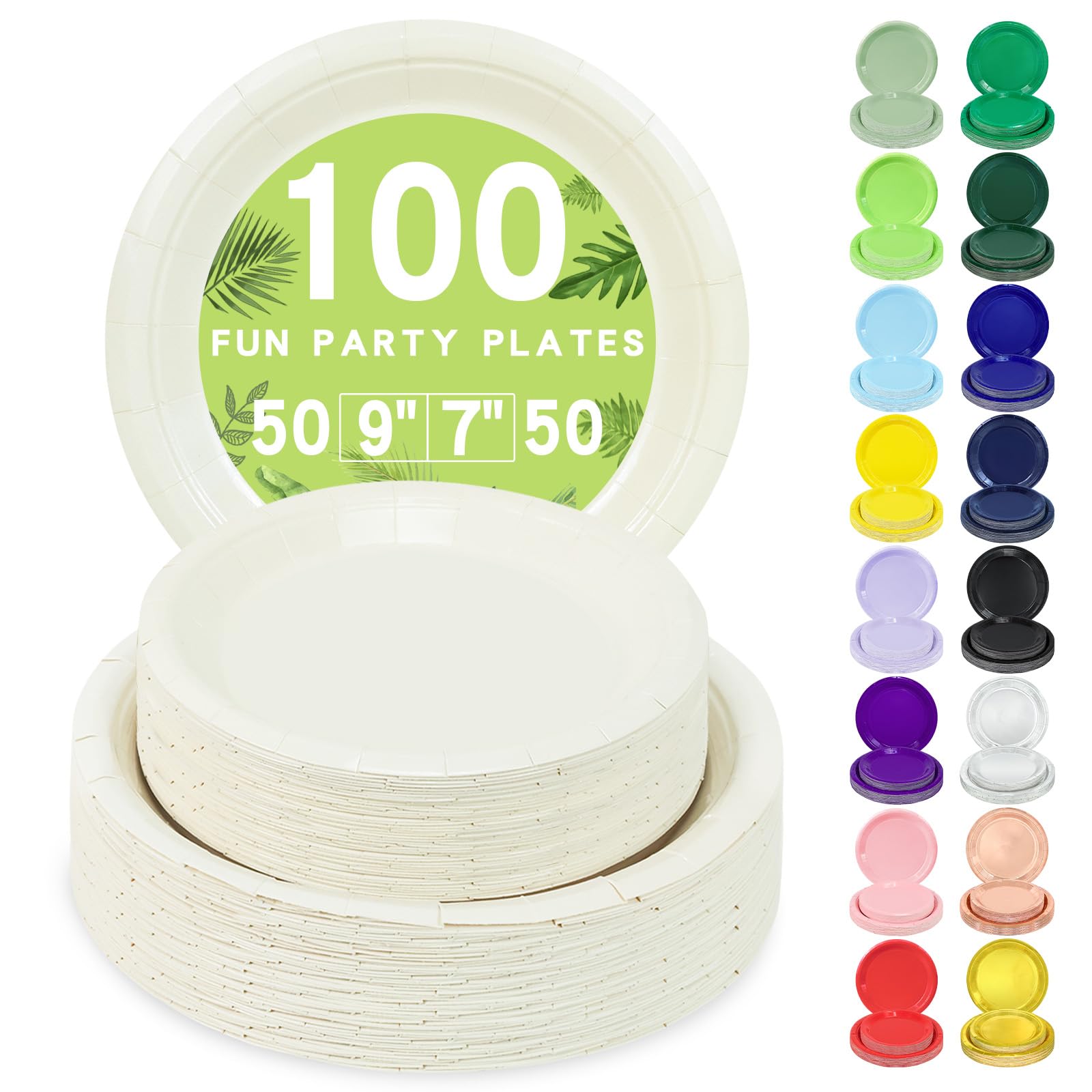 LANLISA 100 Cream Paper Plates Disposable Set Includes 50-9 & 50-7 Disposable Dessert Cake Paper Plates for Party Supplies