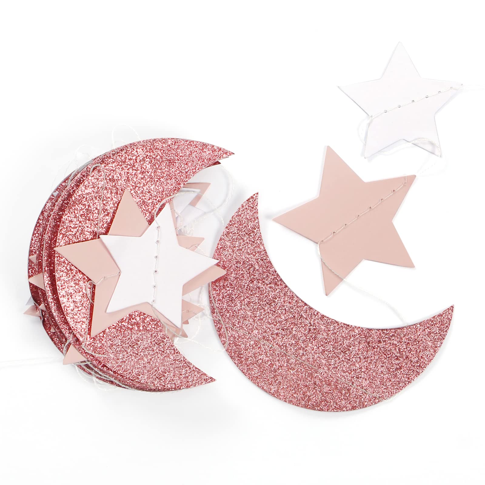 Pink Rose-Gold Moon-Star Party-Decorations Garland - 52Ft Twinkle Little Star Hanging Decoration Streamers Banner, Eid Ramadan M