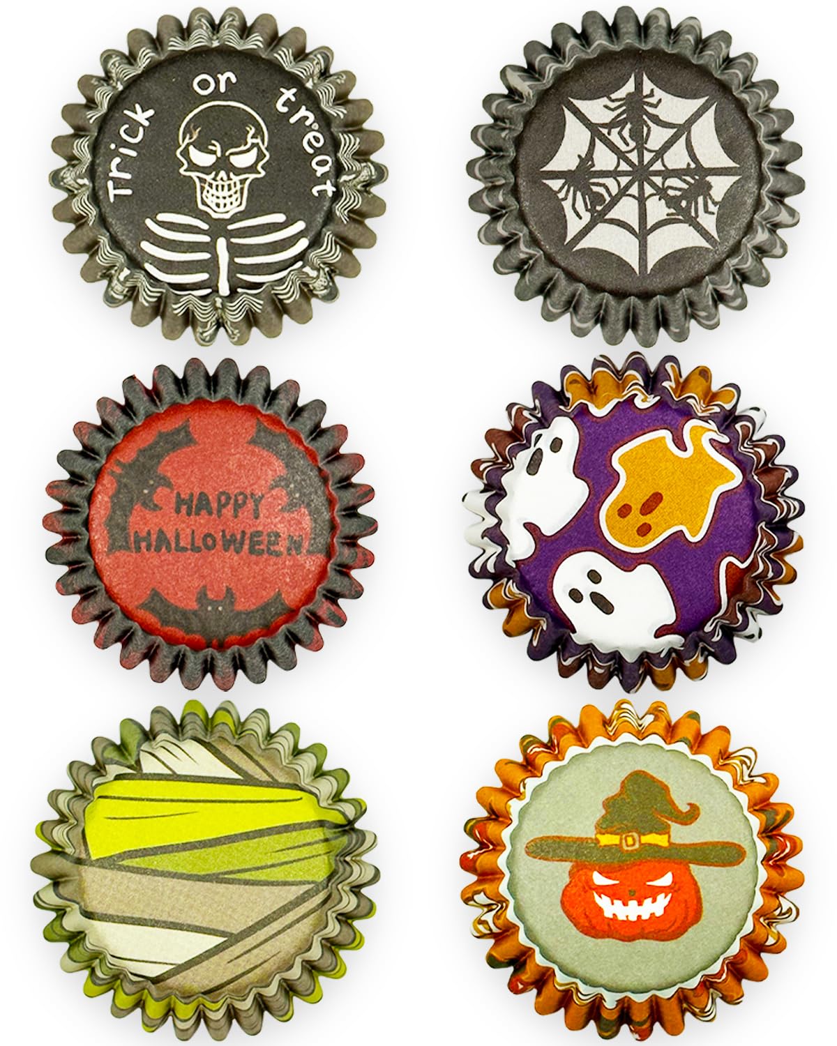 Qiqee Halloween Cupcake Liners Mini Muffin Liners For Halloween 300-Count 6 Original Design No Smell, Food Grade Baking Cups Pap