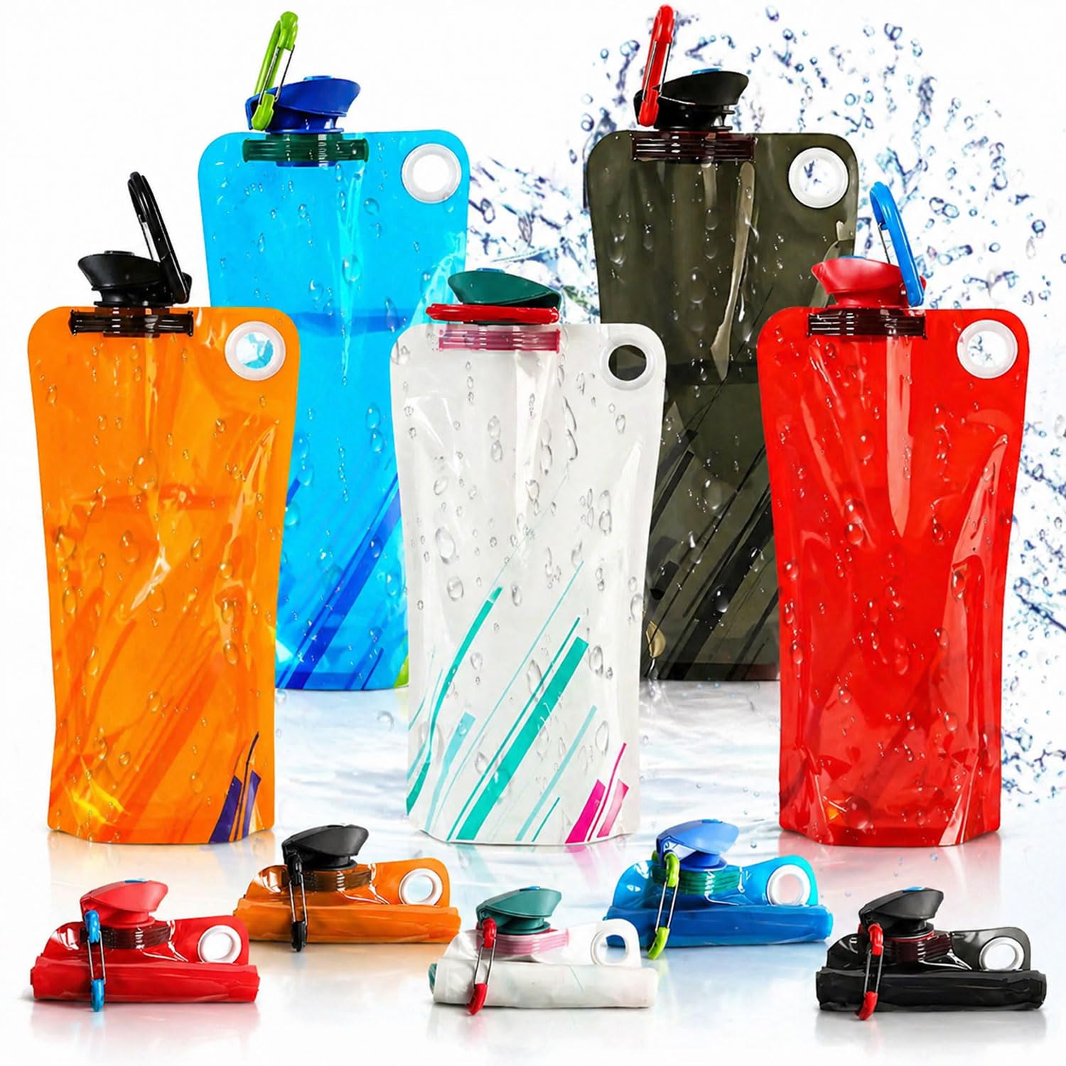 5 Pack Collapsible Water Bottles With Carabiner, 34oz Foldable Water Bottle with Leakproof Lid, FoodGrade Silicone Portable Reu
