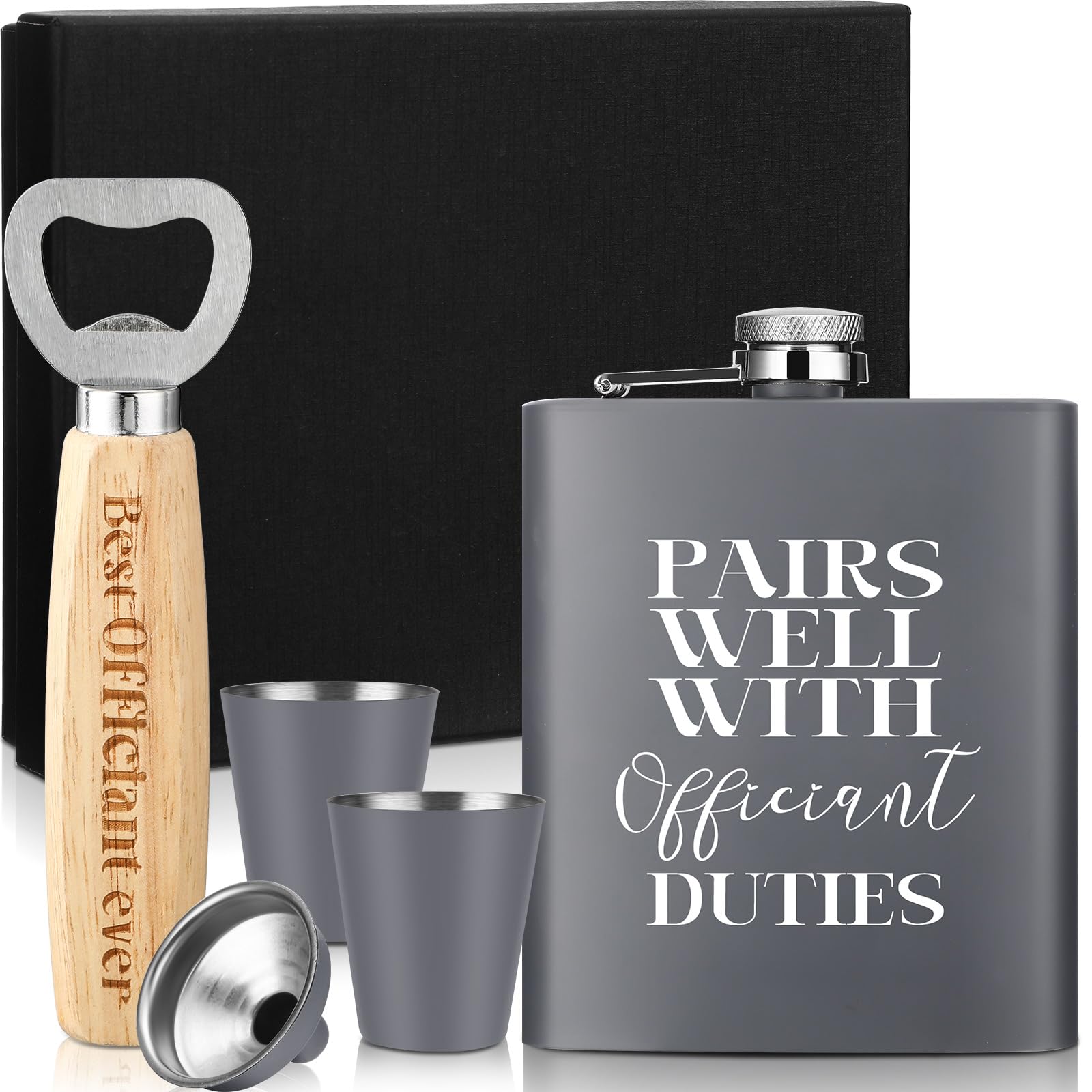 SiliFine Officiant Proposal Gift, Hip Flask 2 Shots Funnel Opener, Gray