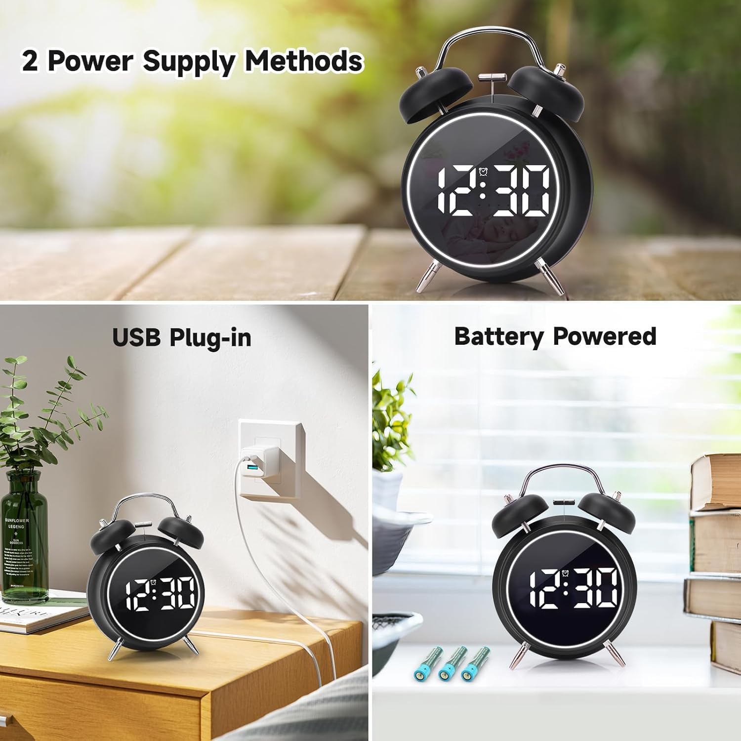 Aerys 4.5-Inch Digital Alarm Clock, Double Bell Led Silent Metal Clock With Night Light, Loud Bedside Alarm For Heavy Sleepers,