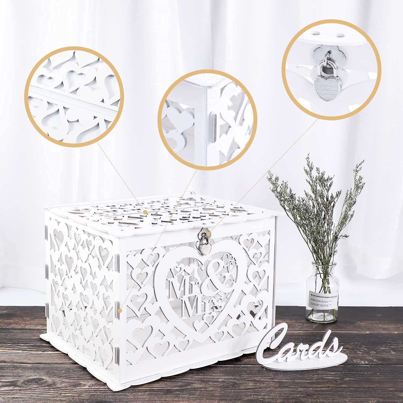 Ywlake Wedding Money Box Holder With Sign, Large Rustic Wood Wooden Diy Envelope Gift Post Card Boxes With Lock Slot For Recepti