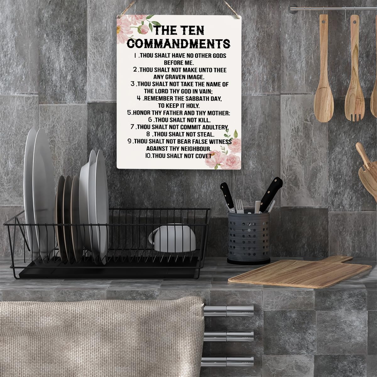 YCYD Ten Commandments Decor,10 Commandments Desk Decor Poster, Christian Bible Verse Decor Religious Home Decor Rustic Wooden Bo