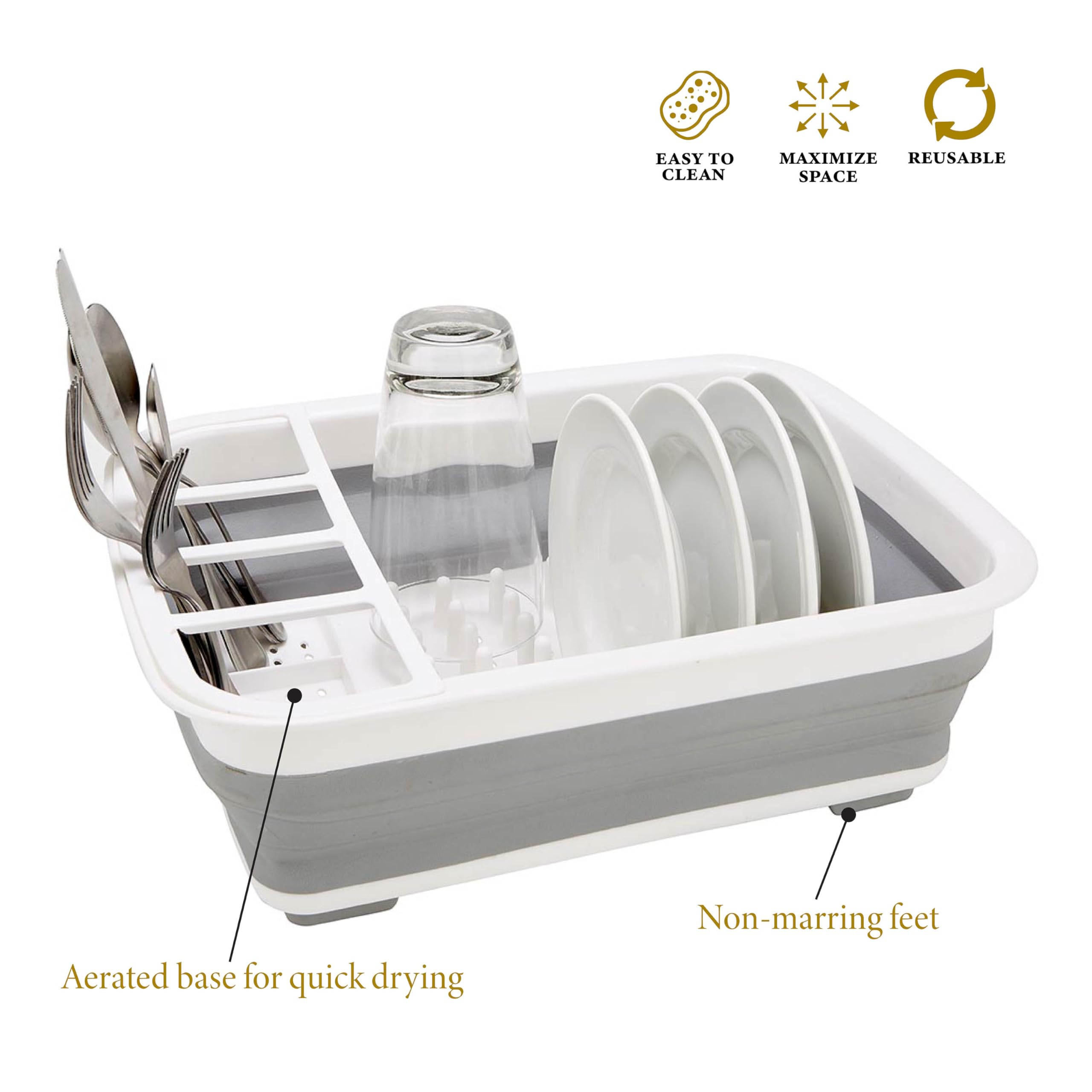 Kitchen Details Collapsible Dish Drying Rack | Space Saver | Aerated Bases Drain Holes | Plates, Bowls, Utensils Compartments |