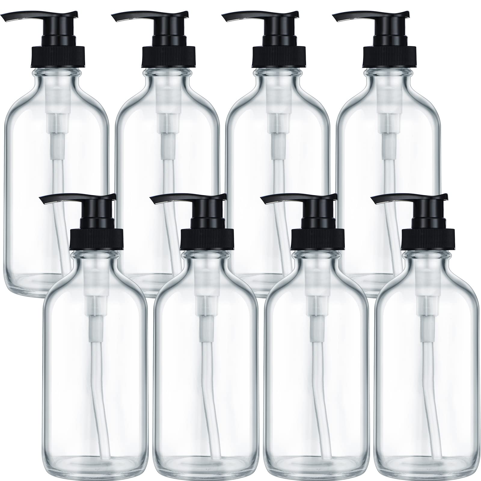 8 Pack Glass Pump Bottles With Black Lotion Pumps, 8 Oz Refillable Pump Bottles Dispenser Thick Glass Lotion Soap Shampoo Contai