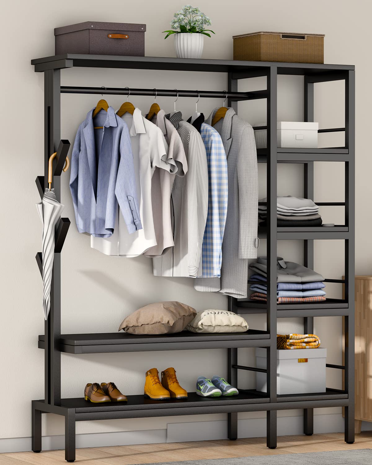 Hokeeper 650Lbs Capacity Free Standing Closet Organizer With 6 Metal Shelves And Coat Rack Heavy Duty Clothing Rack For Hanging
