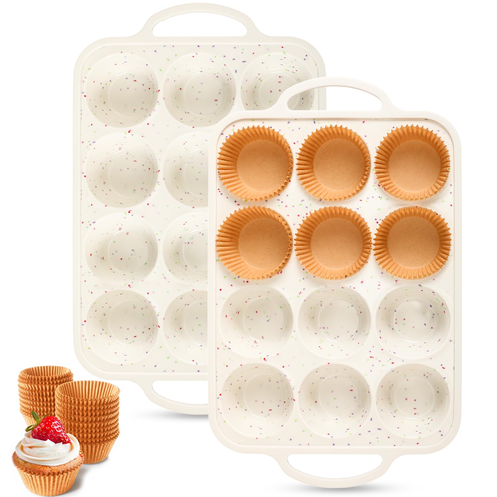 SiliFine 2 Silicone Muffin Pans with 200 Liners, Nonstick, 12Cup Regular