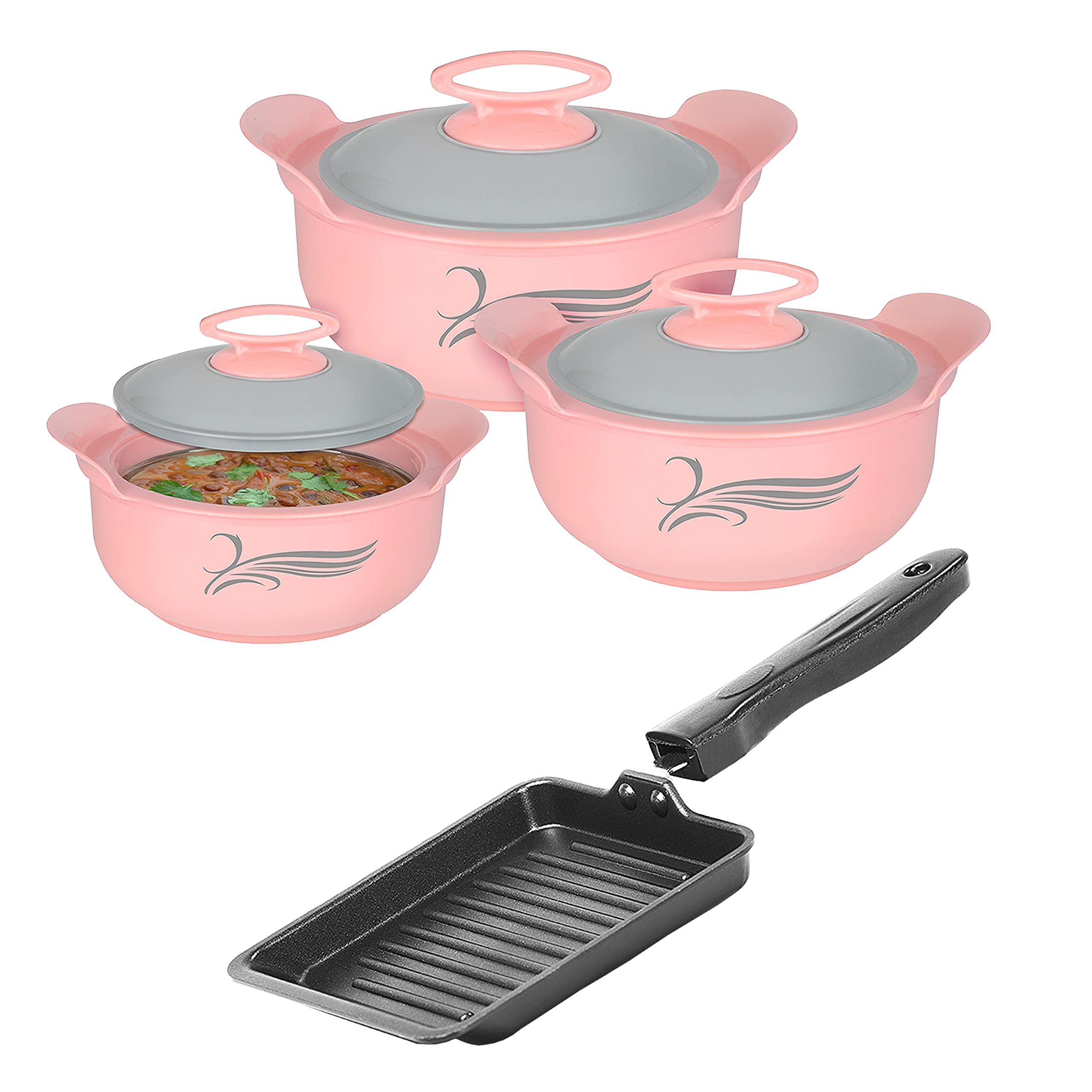 Nirlon Delight Inner Steel Casserole (800Ml, 1200Ml, 2000Ml) Pink With Non Stick Aluminium Small Grill Pan 19Cm Combo Set