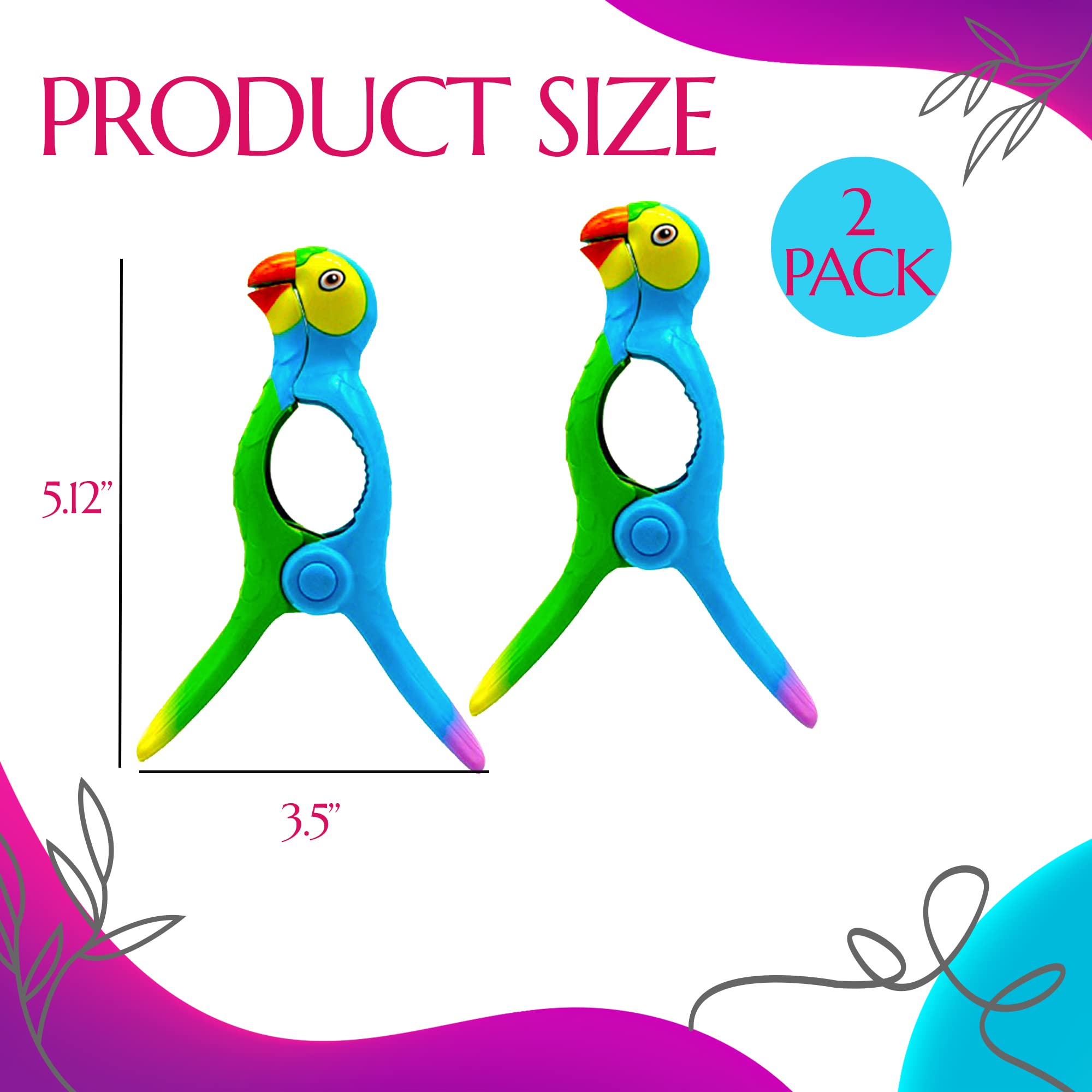 Performore 2 Pack Of Parrot Beach Towel Clips, Portable Towel Holder Clips, Secure Clips For Beach Chairs Deck Patio Pool Boat C