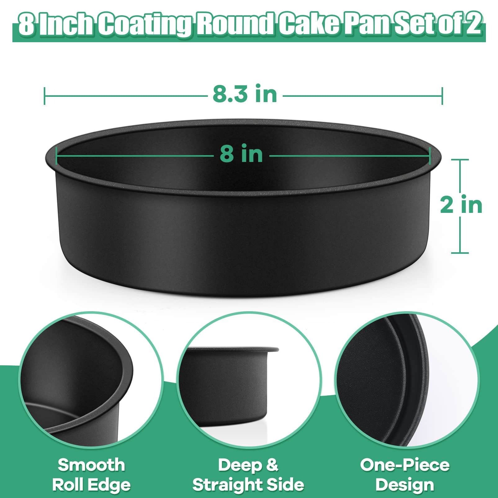 Teamfar 8 Inch Cake Pan, Round Baking Layer Cake Pan Set Of 2, With Non-Stick Coating Stainless Steel Core For Birthday, Party,