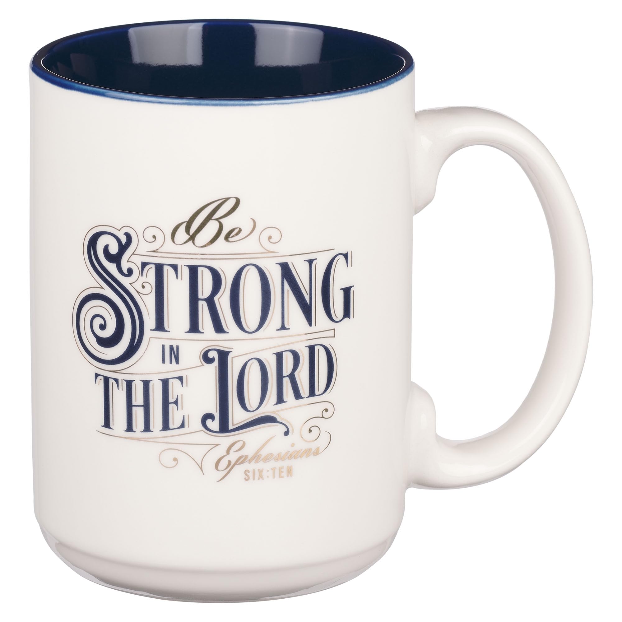 Christian Art Gifts Large Ceramic Coffee & Tea Mug for Men & Women: Strong in the Lord Bible Verse, White & Blue, 14 oz.