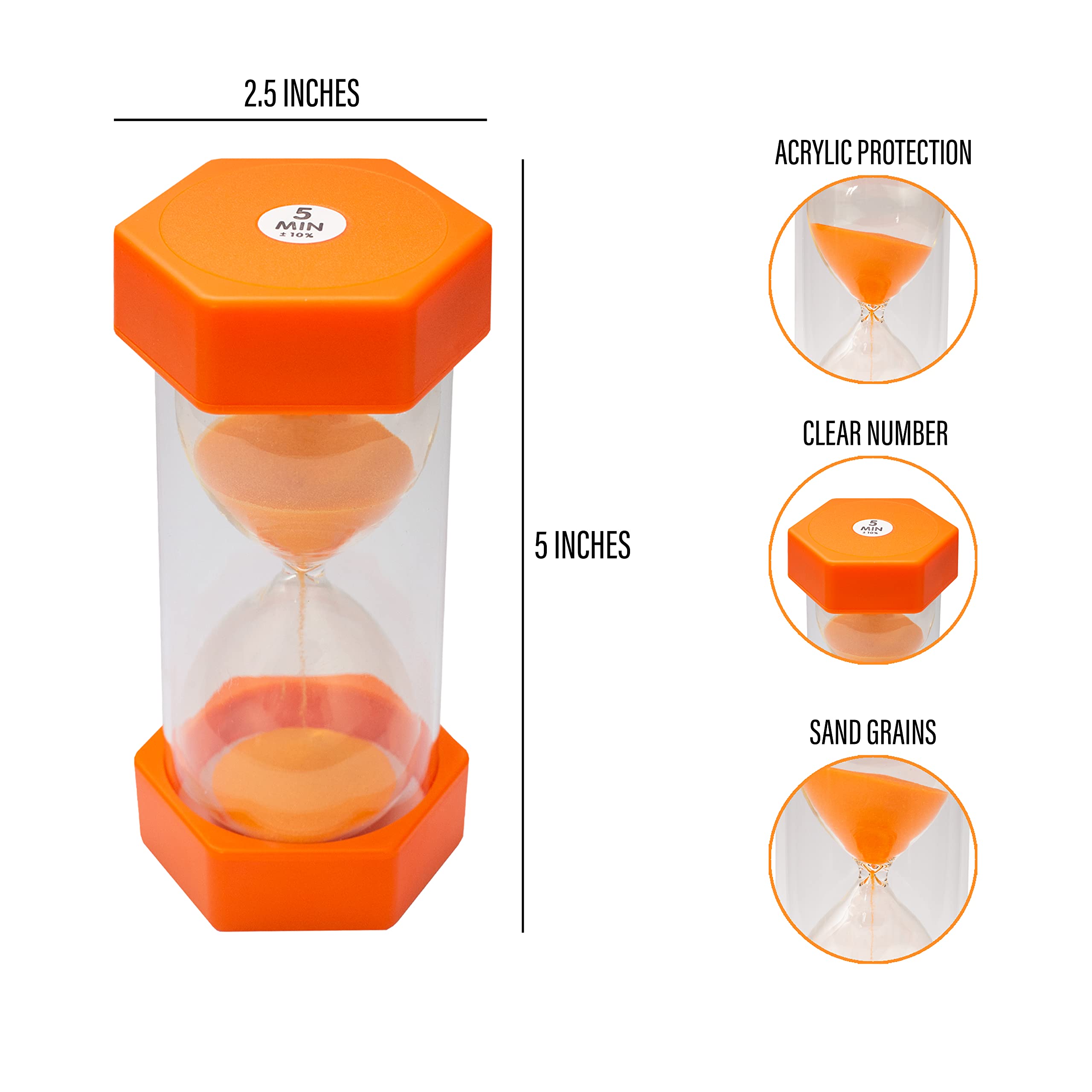Teacherfav Sand Timer For Kids- 5 Minute Orange-5 Inches Hour Glass Acrylic Covered For Classroom, Home & Kids Room - Medium-Sin
