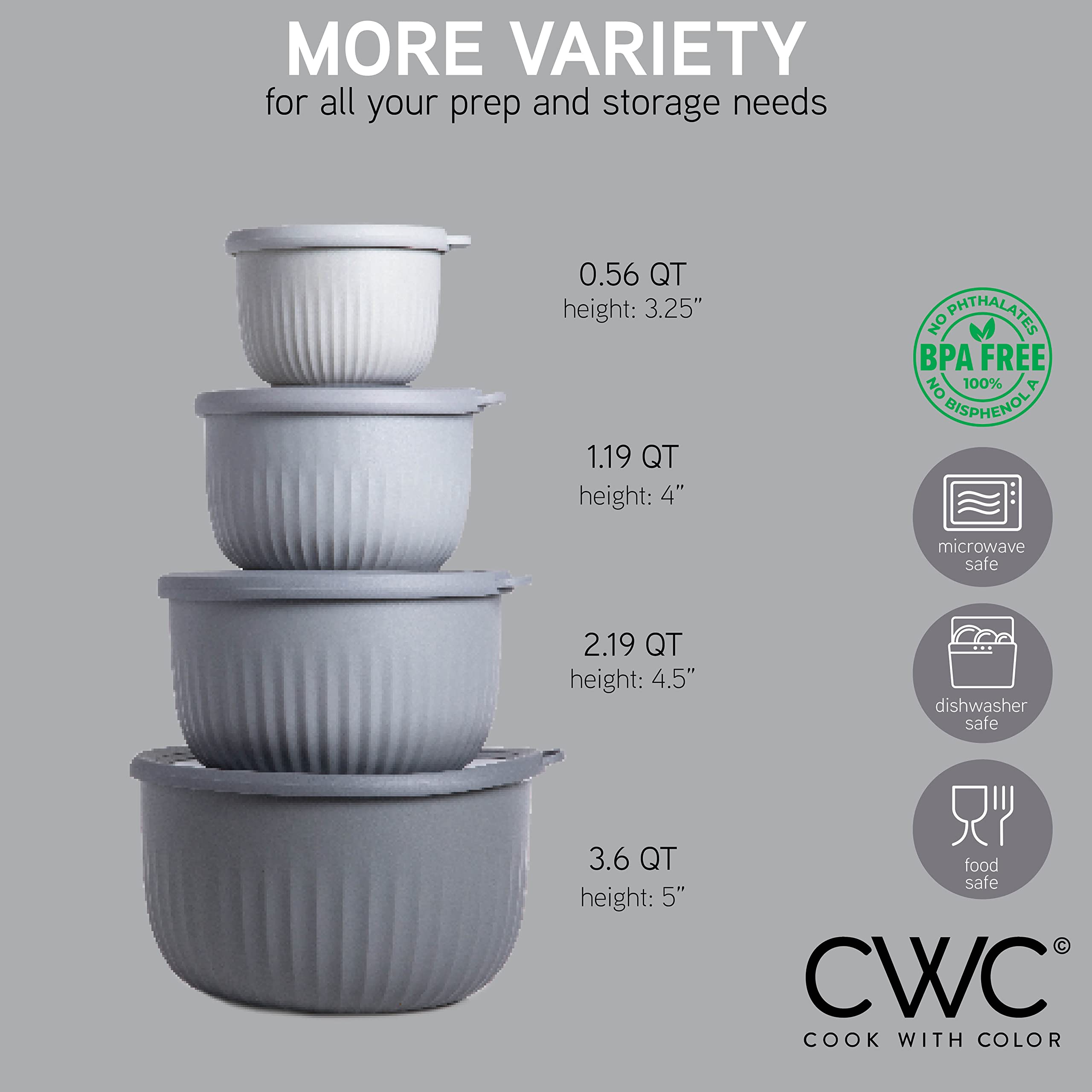Cook With Color Prep Bowls With Lids- Deep Mixing Bowls Nesting Plastic Small Mixing Bowl Set With Lids (Grey Ombre)