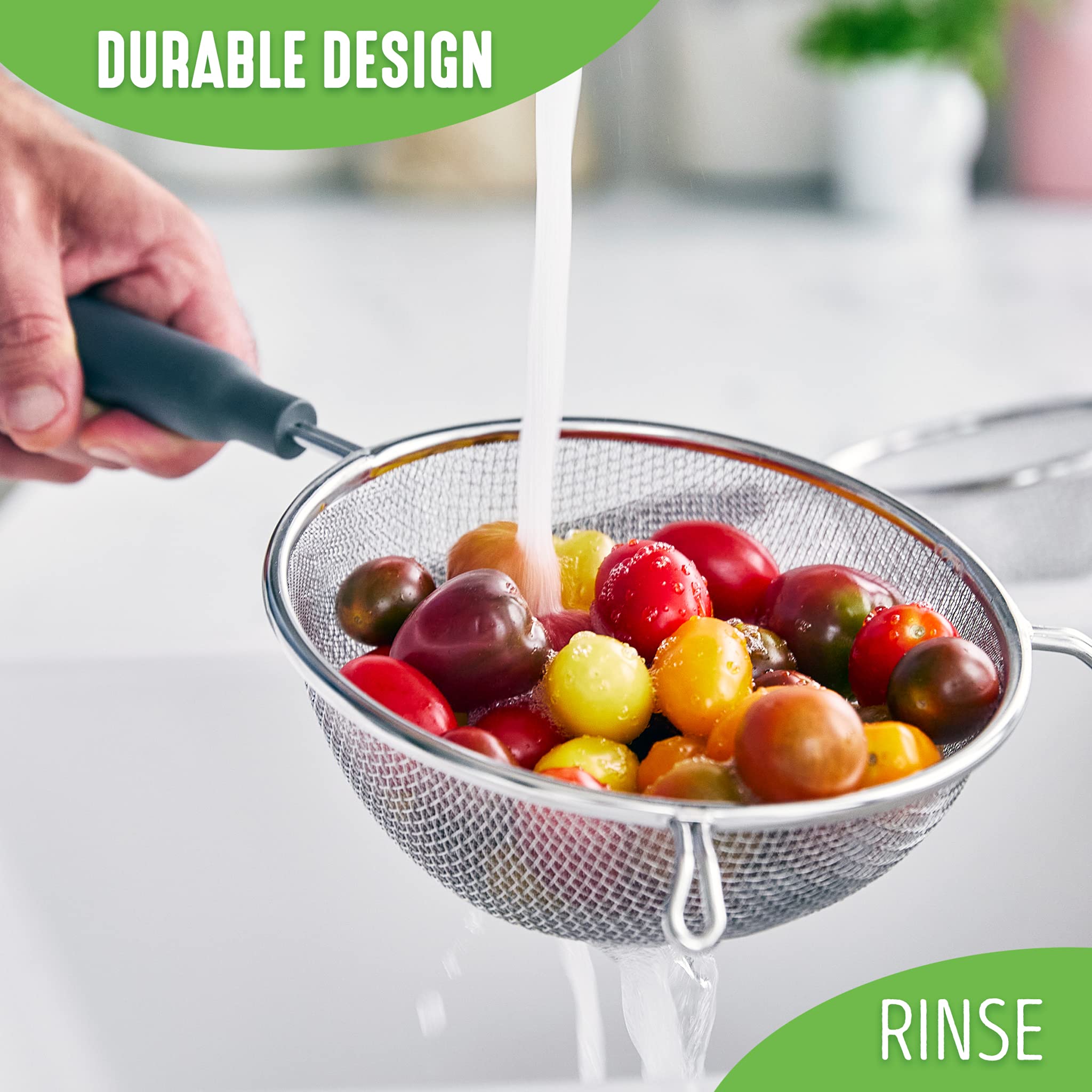 Greenlife Cooking Tools And Utensils, 4 Piece Extra Fine Stainless Steel Mesh Strainer Kitchen Set, Stay Cool Handles, Dishwashe