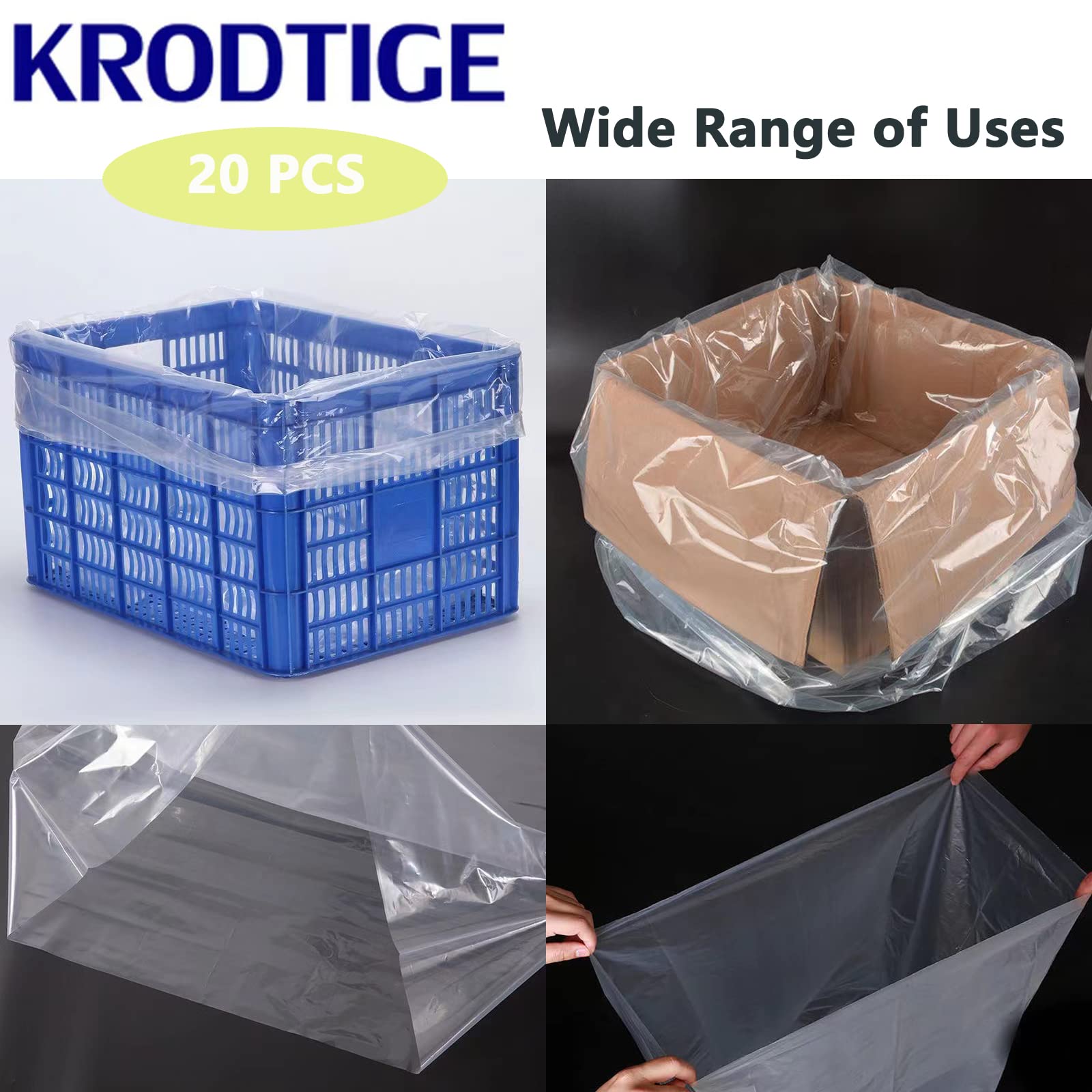 Krodtige 20 Pcs 30 X 40 Inch 1.4 Mil Large Clear Plastic Flat Open Poly Bags(With Bottom Gusset) + 20 Pcs Ties,Great For Big Plu