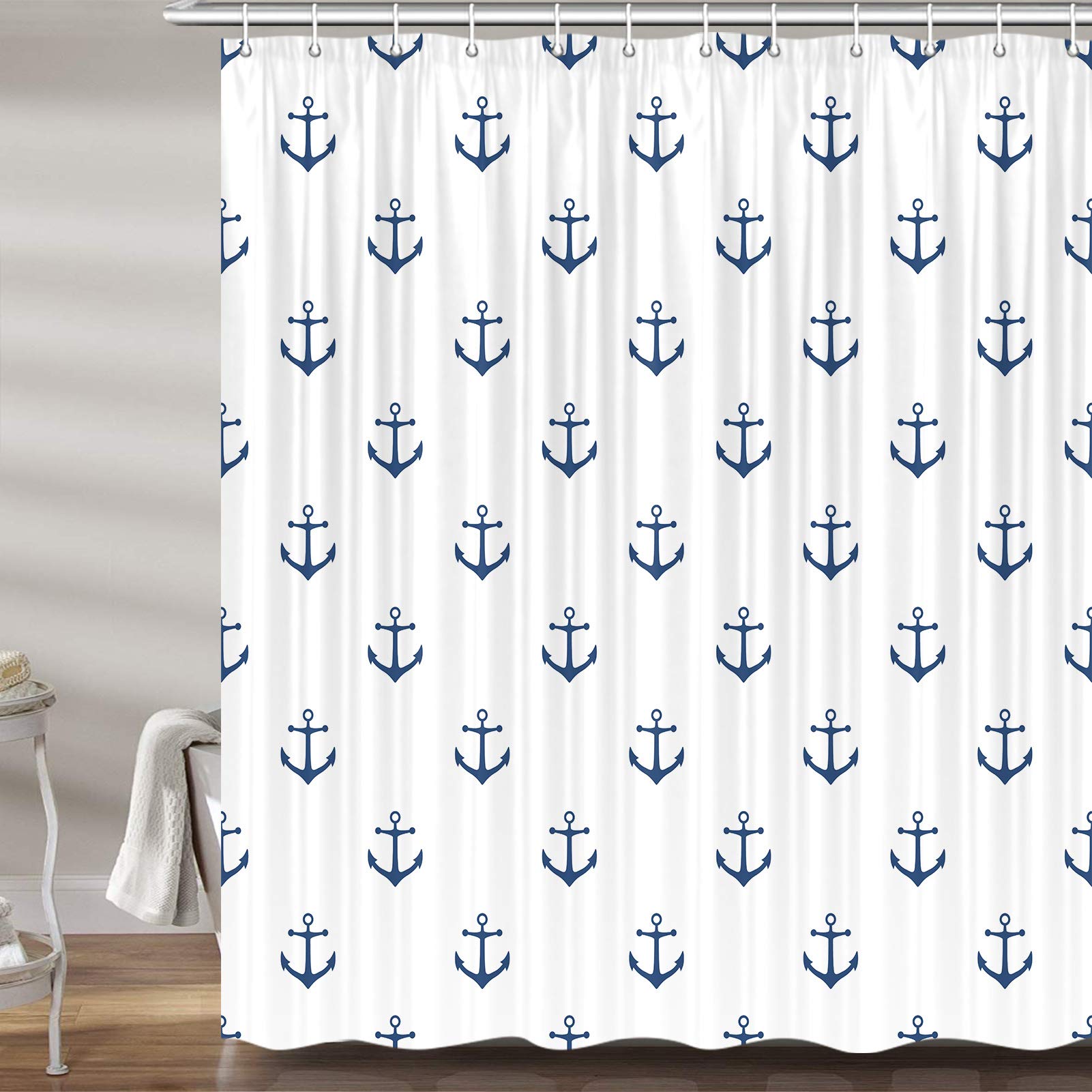 Dynh Nautical Anchor Shower Curtain For Bathroom, Navy Blue White Beach Coastal Beachy Fabric Shower Curtains Set Decorative, Oc