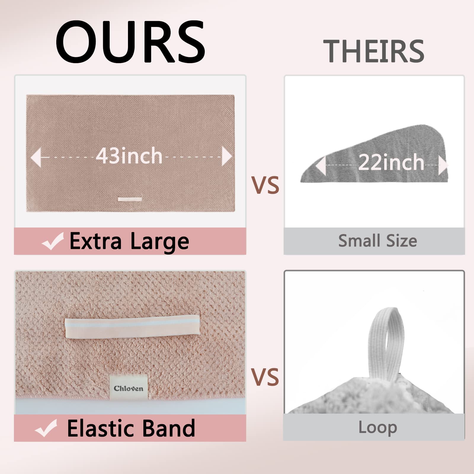 Chloven jumbo large Microfiber Hair Towel Wrap for Women,Anti Frizz Hair Drying Towel with Elastic Strap,Super Absorbent,Ultra-S