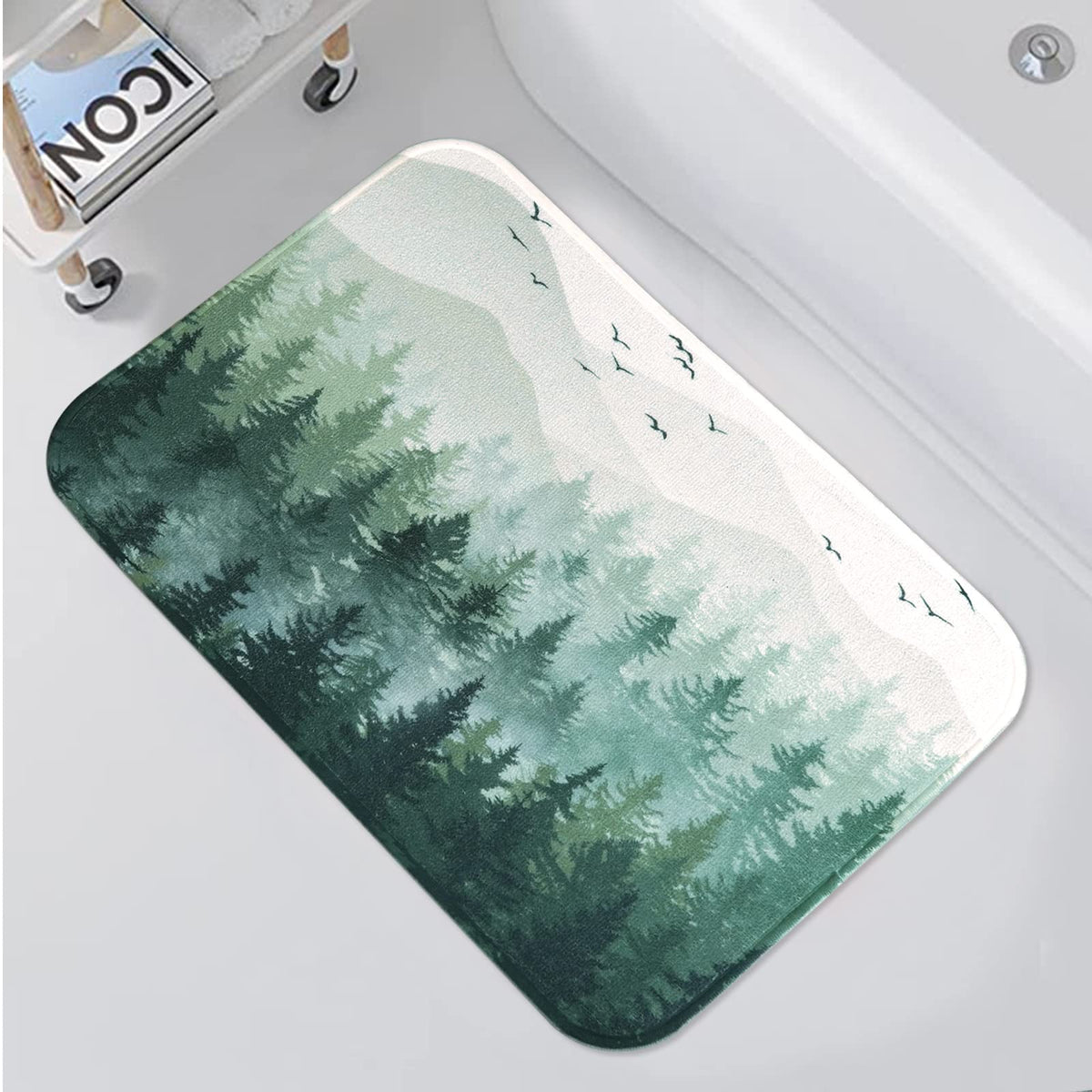 Accnicc Green Misty Forest Bathroom Rugs Mat Nature Tree Mountain Bath Rug Water Absorbent Non Slip Shower Mat Memory Foam Bath
