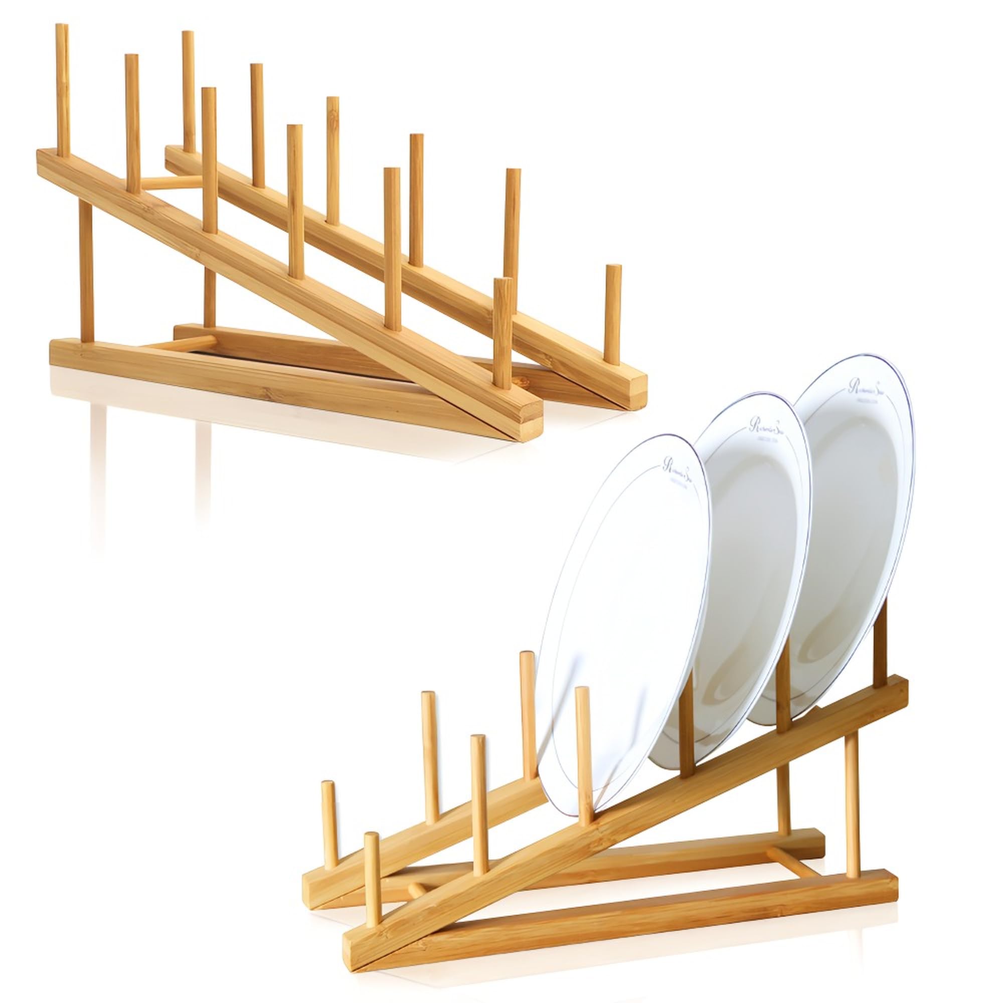 Tie-Dailynec 2 Pcs Wooden Dish Rack Bamboo Drying Rack Stand Pot Lid Holder Kitchen Cabinet Organizer For Dish Plate Bowl Cup Po