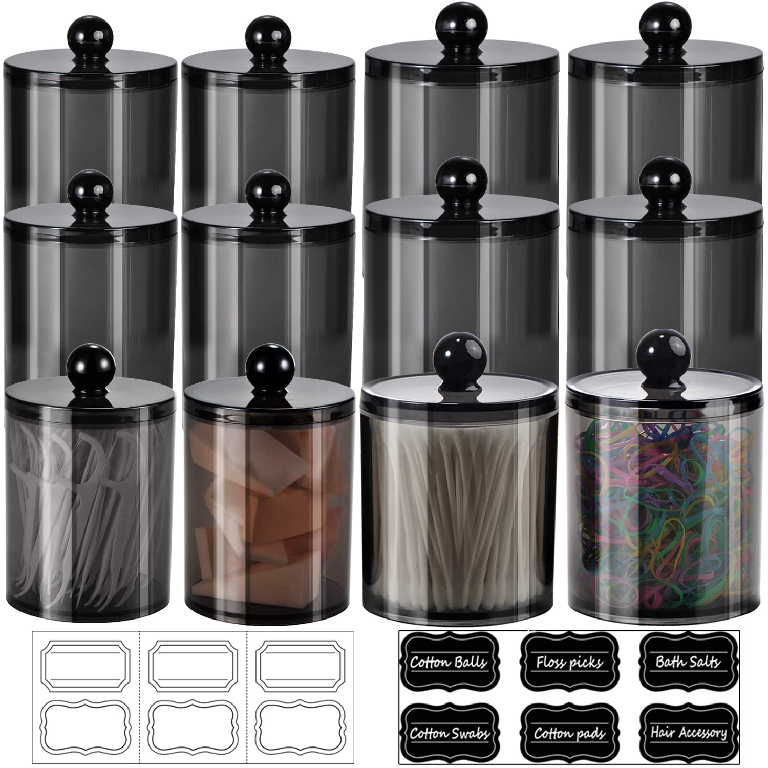 12 Pack Qtip Dispenser Apothecary Jars Bathroom Set With Labels - Sheechung Black Plastic Qtip Holder Storage Set For Cotton Bal