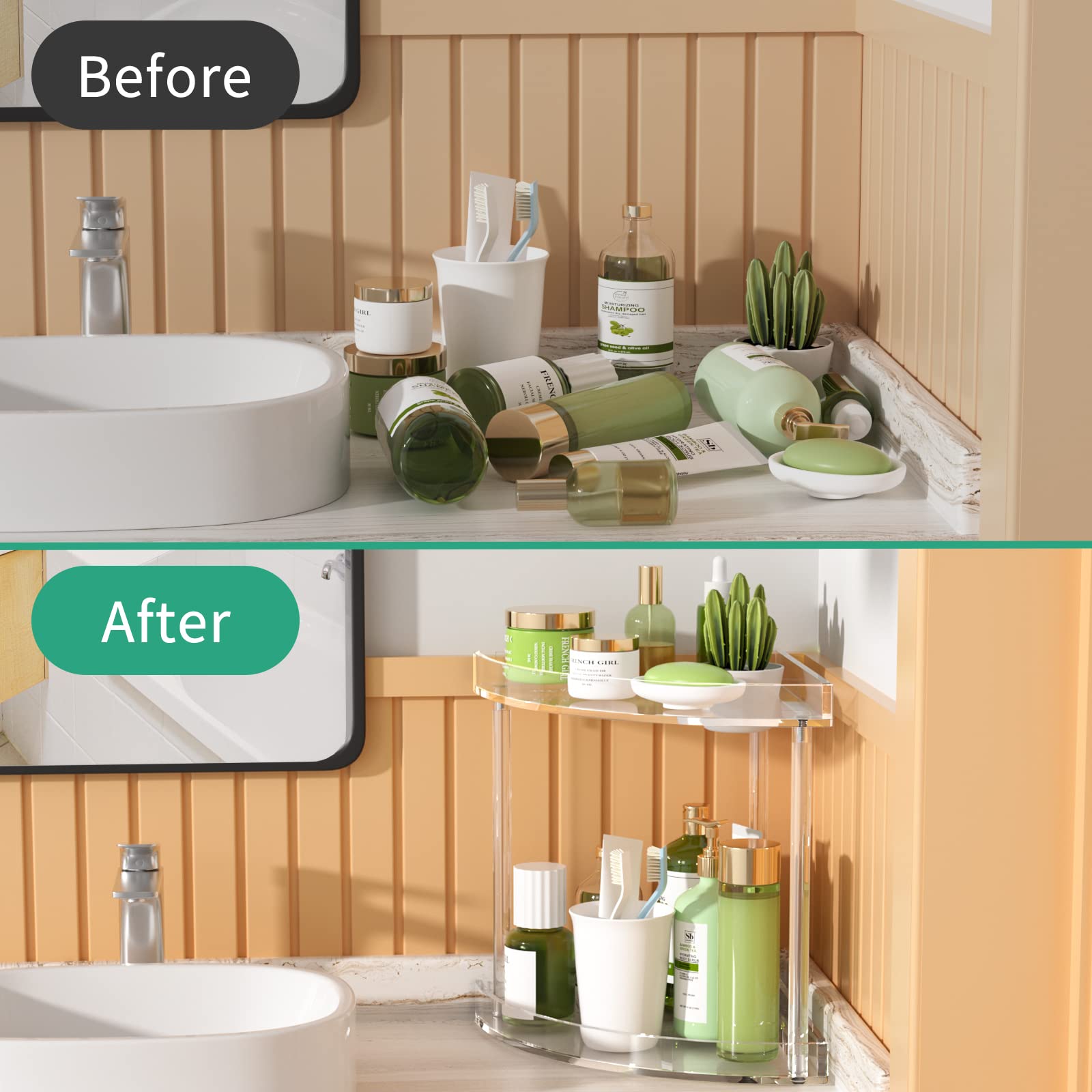 Npplus 2 Tier Acrylic Bathroom Counter Organizer, Clear Bathroom Countertop Corner Organizer, 2-Tier Corner Storage Shelf Vanity