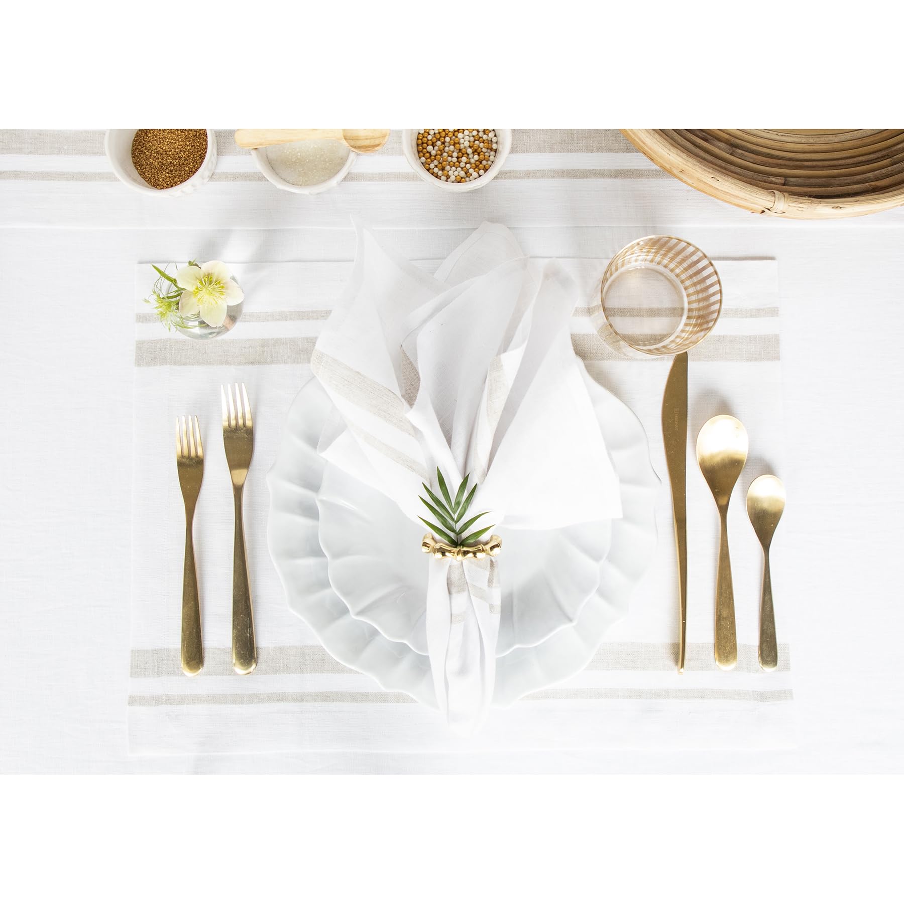 Solino Home Stripe Linen Placemats 19'' L X 14'' W - 100% Pure Linen Natural And White Cloth Placemats Set Of 6 - French Stripe,