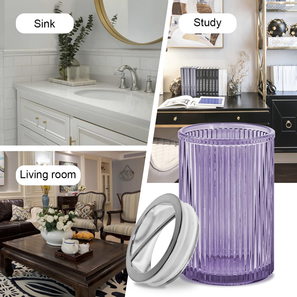 Tonxus Purple Toothbrush Holders for Bathrooms, 2pcs Glass Toothbrush Holder and 12oz Bathroom Tumbler Cup Set, Silver Tooth Bru