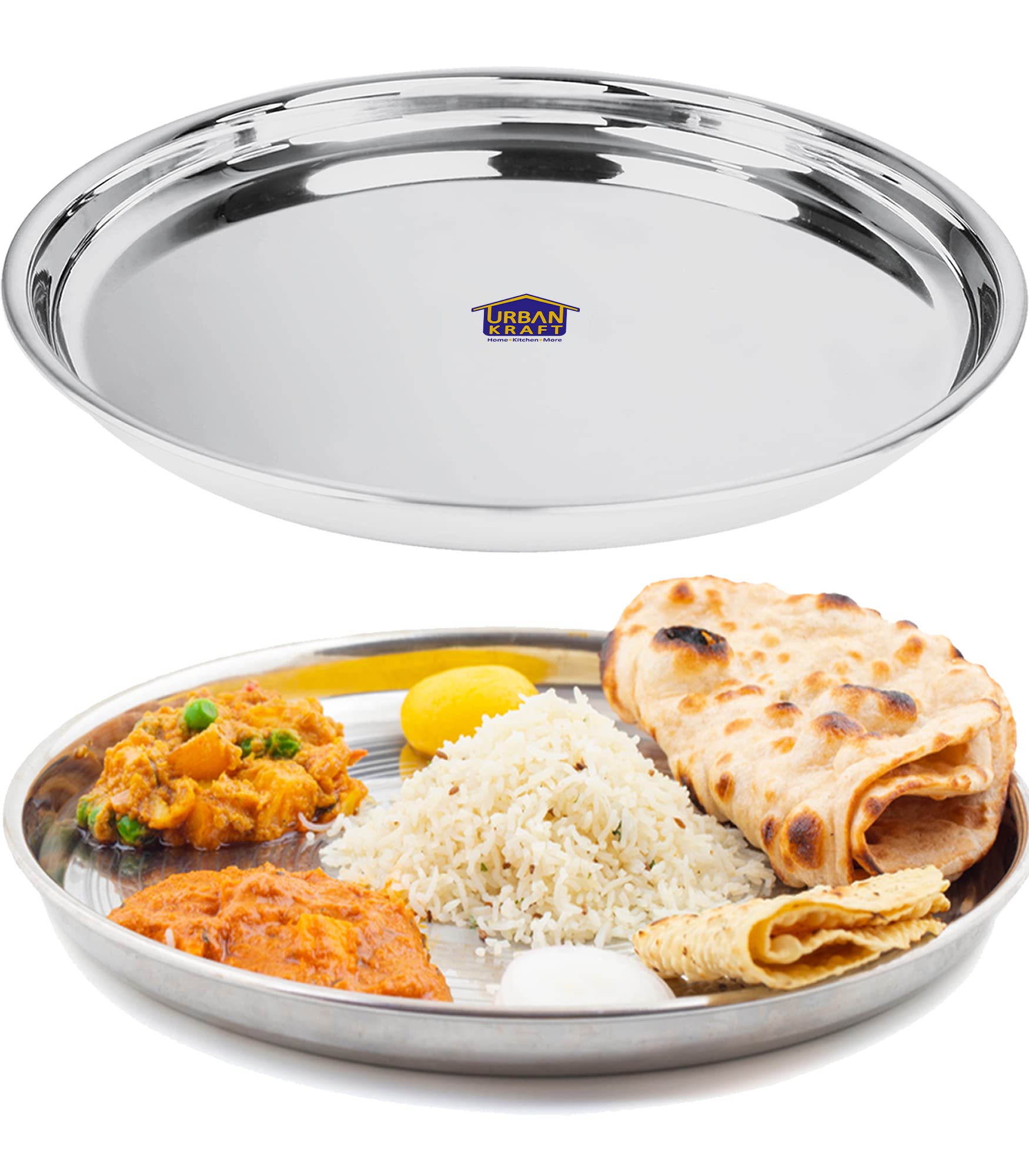 URBAN KRAFT Stainless Steel Plate/Heavy Guage Steel Dinner Plates Set of 2 / High Grade Steel Plates for Lunch/Dinner with Mirro
